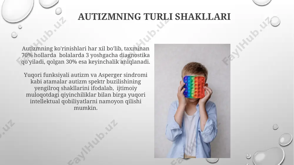 oshini va autizm spektri buzilishining og'irlik darajasini hisobga olgan holda, haftasiga 2-4 marta 30-60 minut davom etadi. o'zgaruvchan nisbatli kuchaytirish usuli kabi xulq-atvor terapiyasi texnikalari, maqsadli xatti-harakatlarni 2-3 marta takrorlash orqali mustahkamlashga yordam beradi. e'tiboringiz uchun rahmat @taqdimot_robot image3.png image4.jpg image5.jpg image6.jpg image7.jpg image8.jpg image9.jpg image10.jpg image11.jpg image12.jpg image13.jpg image14.jpg image15.jpg image16.jpg image17.jpg image18.jpg image1.png
