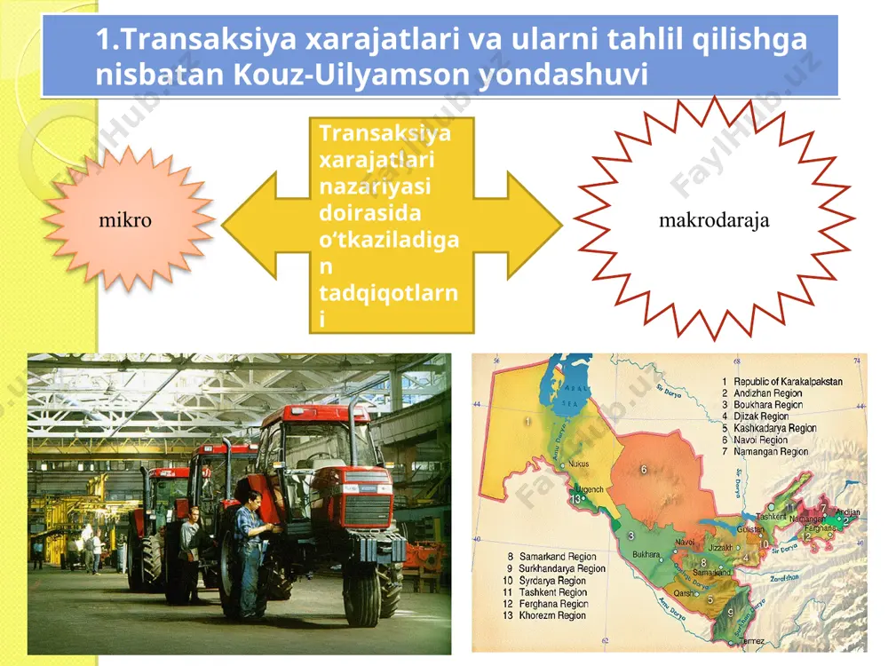transaksiya xarajatlarini “narxlar mexanizmidan foydalanish xarajatlari”, “ochiq bozorda almashuv transaksiyalarini amalga oshirish xarajatlari” yoki “bozor xarajatlari” sifatida belgilagan. keyinchalik “ijtimoiy xarajatlar muammosi” maqolasida (1960) r.kouz “bozor transaksiya xarajatlari” iborasidan foydalangan. mikrodarajada transaksiya xarajatlarini tahlil qilishga nisbatan kouz – uilyamson yondashuvi transaksion yondashuv, deb yuritilsa, 2. transformatsiya xarajatlari va ularni tahlil qilishga nisbatan nort yondashuvi mikro makrodaraja transformatsiya xarajatlarini o‘rganish ishlab chiqarish nazariyasi doirasida olib borilgan va xarajatlarning ushbu turi ko‘pincha ishlab chiqarish xarajatlari – materialni jismoniy o‘zgartirish, buning natijasida muayyan qiymatga ega bo‘lgan mahsulot olinadigan jarayonidagi xarajatlarga tenglashtirilgan o‘zgarishlarga to‘sqinlik qiluvchi asosiy kuchlar d.nort tomonidan ham ko‘rib chiqilgan. ular jumlasiga quyidagilarni kiritish mumkin: - davlat – agar bu g‘azna daromadlari bilan xarajatlari o‘rasidagi farqni kamaytirishga yordam bersa; 1960 yil - jamiyatning uning avvalgi rivojlanish yo‘nalishiga bog‘liqligini belgilab beruvchi institutsional matritsa duglas nort англ. douglass cecil north tugilgan yili: 5 noyabrda 1920 (1920-11-05) (91 god) tugilgan joyi: kembridj, massachusets vatani: aksh …