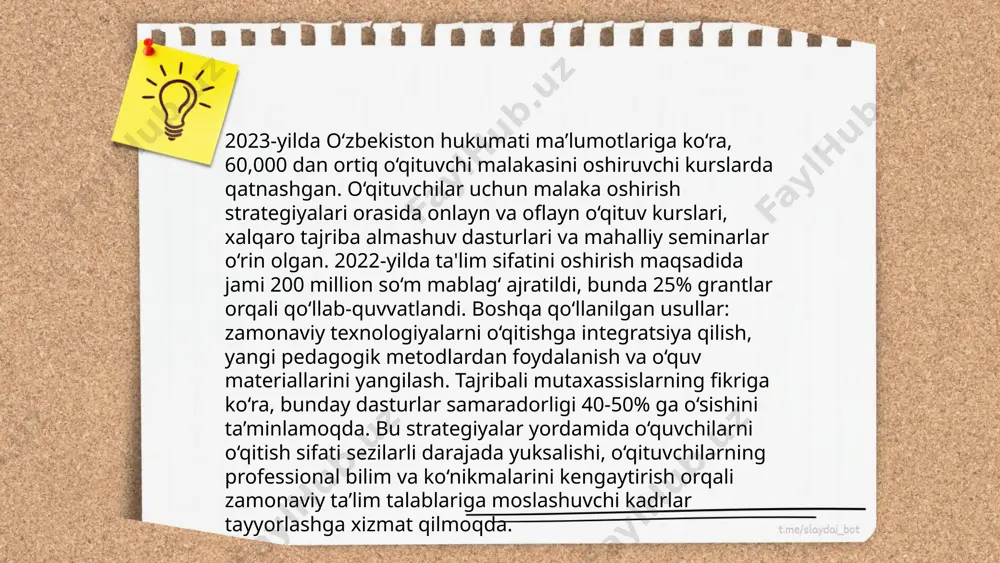 dan foydalanish, masalan, raqamli ta'lim platformalari orqali interaktiv darslar o'tkazish, talabalarning anglash qobiliyatini 30% ga oshirishga yordam beradi. shu bilan birga, kichik guruhli o'qitish usullari o'quv jarayonining samaradorligini 40% ga oshirishi mumkinligi aniqlangan. yana bir muhim omil - o'qituvchilarning doimiy malaka oshirishi bo'lib, bu ta'lim sifatini 25% ga yaxshilaydi. vaqtni samarali boshqarish ham muhim bo'lib, bu umumiy samaradorlikni 15-20% ga oshirishi mumkin. ... t.me/slaydai_bot 8. ta'lim muassasalarining moddiy bazasini rivojlantirish bo'yicha o'zbekistonda muhim chora-tadbirlar amalga oshirilmoqda. 2021-yilda davlat byudjetidan ta'lim sohasiga 13 trillion so'm ajratildi, bu esa infrastrukturani modernizatsiya qilish imkonini beradi. o'tgan yillarda 500 dan ortiq maktab kapital ta'mirlanib, 2000 dan ziyod yangi sinf xonalari qurildi. pedagoglar uchun 10000 dan oshiq kompyuter va boshqa texnika yetkazib berildi. 2022-yilgacha 2500 ta bola bog'chasi zamonaviy jihozlar bilan ta'minlandi. metodik bazani yaxshilash maqsadida 10 mingdan ortiq o'quv qo'llanmalari ishlab chiqarildi va tarqatildi. bu raqamlar ta'lim muassasalarining moddiy bazasini kuchaytirishga qaratilgan sa'y-harakatlarning natijasidir. …