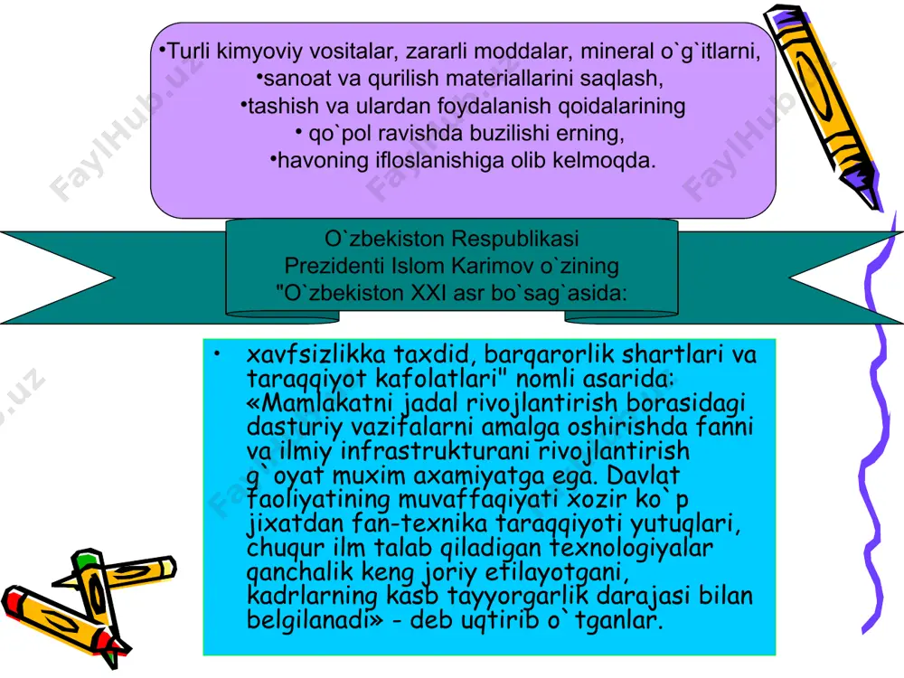 rining, ya`ni kasalliklar keltirib chiqaradigan omillarning ishchilarga ta`sirini oldini oladigan tashkiliy, gigienik va sanitariya-texnikaviy tadbirlar va vositalar majmui. xavflar, yashirin va xaqiqiy (yaqqol) xavflar. xavflar - yashirin (potentsial) va xaqiqiy bo`ladi. yashirin xavflar amalga oshishi uchun aniq shartlar bo`lishi lozim. bu shartlar sabab deb ataladi. xavf va sabablarni misollarda (raqamlarda) ko`rish mumkin: 1. so`nggi 30 yil ichida (1969-1990 y.) tabiiy ofatlar ikki marta ko`paygan; 1909 yildan 1974 yilgacha asabiy kasalliklar 24 marta ko`paygan; 3. dunyoda 500 mln.ga yaqin nogironlar bo`lib, ularning 1/5 qismi baxtsiz hodisa natijasida bo`lgan. har qanday faoliyat yashirin (potentsial) xavflidir. shu bilan birga xavf darajasini boshqarish ham mumkin. bu fikr mutlaqo xavfsiz faoliyat bo`lmasligiga asoslangan. xavfsizlik - bu ayrim extimollarga asoslanib paydo bo`ladigan xavf-xatarlarni istisno etilgan faoliyat holatidir. xavfsizlik - bu maqsad, hfx bo`lsa shu maqsadga erishish uchun qo`llaniladigan vositalar, yo`l-yo`riq, qo`llanmalar, usullardir. hfx - bu xavf-xatarlarni o`rganish va insonni himoya qilishni o`rganadigan fandir. hayotiy faoliyat xavfsizligining …