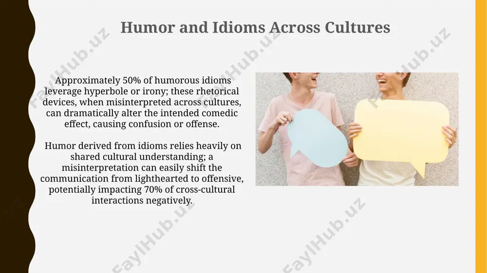 ural business settings compared to literal translations, fostering stronger relationships. cross-cultural communication challenges misinterpretations due to idiomatic expressions account for over 30% of cross-cultural communication breakdowns, highlighting the significance of linguistic nuances in successful interaction. high-context cultures, like japan, rely heavily on nonverbal cues and implied meanings, creating a 10-fold difference in communication style compared to low-context cultures like germany, causing misunderstandings. thank you for your attention @taqdimot_robot image1.jpg image2.jpg image3.jpg image4.jpg image5.jpg image6.jpg image7.jpg image8.jpg image9.jpg image10.jpg image11.jpg image12.jpg image13.jpg image14.jpg image15.jpg image16.jpg image17.jpg