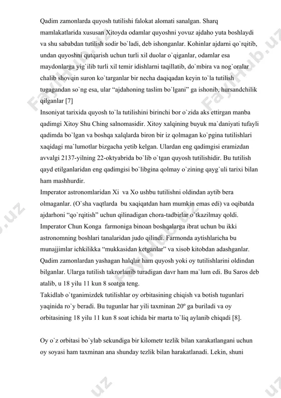 nlar. ularga tutilish takrorlanib turadigan davr ham ma`lum edi. bu saros deb atalib, u 18 yilu 11 kun 8 soatga teng. takidlab o`tganimizdek tutilishlar oy orbitasining chiqish va botish tugunlari yaqinida ro`y beradi. bu tugunlar har yili taxminan 20º ga buriladi va oy orbitasining 18 yilu 11 kun 8 soat ichida bir marta to`liq aylanib chiqadi [8]. oy o`z orbitasi bo`ylab sekundiga bir kilometr tezlik bilan xarakatlangani uchun oy soyasi ham taxminan ana shunday tezlik bilan harakatlanadi. lekin, shuni takidlash lozimki, soya o`z o`qi atrofida aylanib turgan yerga tushadi. yer aylanishining yo`nalishi ham oy soyasining harakat yo`nalishi bilan bir xil bo`ladi. yerning sirti go`yo orqasidan quvlab klayotgan oy soyasidan qochishga intiladi. lekin, yer yuzasidagi ma`lum nuqtaning tezligi oy soyasi tezligidan kamroqdir. bu tezlik ekvatorda eng katta miqdorda sekundiga 465 metrga yetadi. oy soyasi o`zidan shu sababdan oldinda ketayotgan yer nuqtalarini quvib yetib, katta tezlik bilan undan o`zib ketadi. shuning uchun …