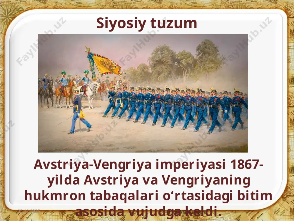 ni tuzdilar. bu partiyalardan biri pangerman partiyasi, ikkinchisi esa xristian sotsialistlar partiyasi deb ataldi. 1880-yilda chexiyada sud va ma’muriy ishlar uchun ikki til joriy qilindi. 27.11.2019 13 praga universiteti 1882-yildan boshlab, praga universitetida ham o‘qitish ikki tilda (nemis va chex) olib boriladigan bo‘ldi. xorvatiyadagi milliy-ozodlik harakatiga vengriya hukumati 1912- yilda xorvatiya seymini tarqatib yuborish va konstitutsiyani to‘xtatib qo‘yish bilan javob berdi. 27.11.2019 14 savol va topshiriqlar 1. avstriya-vengriya va germaniya imperiyalarining siyosiy tuzumini taqqoslang. 2. avstriya-vengriyaning iqtisodiy taraqqiyotda orqada qolishiga sabab bo‘lgan omillarni izohlab bering. 3. ijtimoiy harakat nima va u avstriya-vengriyada qanday kechdi? 4. „milliy-ozodlik harakati“ tushunchasiga izoh bering. avstriya-vengriyada milliy-ozodlik harakati juda keskin kechganligining sabablari nimalardan iborat edi? 15 image2.jpeg image3.jpeg image4.png image5.jpeg image6.jpeg image7.jpeg image8.jpeg image9.jpg image10.jpeg image11.jpeg image12.jpeg image13.jpeg image14.jpg image1.jpeg