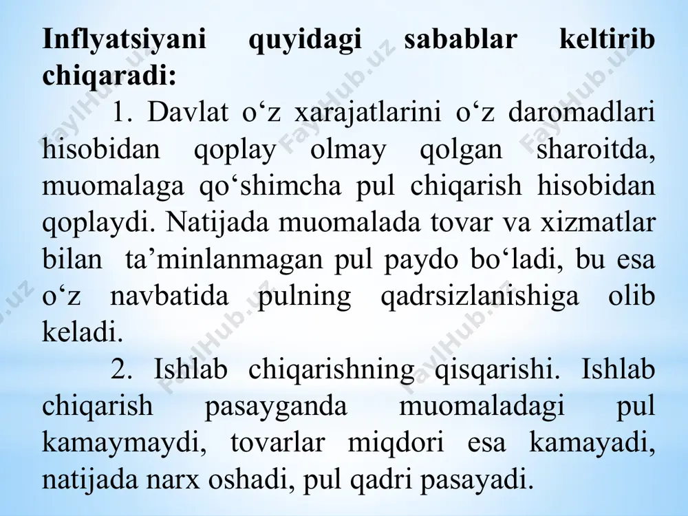 ovarlar va xizmatlar ko‘p yaratilsa, ortiqcha pullarning tashnaligi qondiriladi, narx-navo va pul qadri barqarorlashadi. ishlab chiqarishni rag‘batlantirish maqsadida soliqlar kamaytiriladi, ishlab chiqarishga arzon kreditlar beriladi, tadbirkorlarga budjetdan yordam ko‘paytiriladi, eksport va import bo‘yicha imtiyozlar joriy etiladi va boshqalar; - pul massasi ortishini cheklash va to‘xtatish, muomaladagi pul mikdorini kamaytirish. shu maqsadda aholining pul daromadlari - ish xaqi, nafaqa, pyensiya va boshqalarning o‘sishi cheklanadi yoki to‘xtatiladi, ortiqcha pul mablag‘larini banklarga jalb qilish maqsadida omonatlarga to‘lanadigan foizlar oshiriladi. pul emissiyasi jiddiy cheklanadi yoki umuman to‘xtatiladi. o‘zbekistonda qat’iy pul- kredit siyosatini olib borish, pul massasi, kredit va naqd pul emissiyasini kamaytirish bo‘yicha aniq chora - tadbirlar amalga oshirildi natijasida, pul massasining o‘sish sur’ati keskin kamaydi, infilatsiya darajasi, ya’ni uning asosiy ko‘rsatkichi bo‘lgan iste’mol narxlari indeksi 1994 yilda 1132,2 foizni (mustaqillik yillaridagi eng yuqori daraja) tashkil etgan bo‘lsa, keyingi yillarda uning shiddat bilan pasayishiga erishildi. jumladan, ushbu ko‘rsatkich 2000 yilda 28,1 foizni, 2003 yildan …