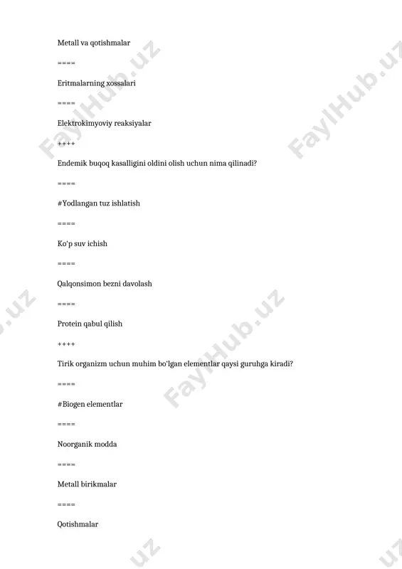 bilan ==== gaz bosimi orqali ++++ kimyoviy kinetikaning asosiy tushunchasi qaysi? ==== #reaksiya tezligi ==== eritmalarning hajmi ==== gazlarning zichligi ==== elektrolitning dissotsiatsiyasi ++++ organizmda qaysi elementlar mikroelementlar hisoblanadi? ==== #yod, temir, rux ==== kislorod, vodorod, uglerod ==== natriy, magniy, kaliy ==== azot, fosfor, kalsiy ++++ yadro kimyosida asosiy reaktsiyalar qaysilar? ==== #radioaktiv parchalanish va sintez ==== elektrolitlarning ajralishi ==== suvning bug‘lanishi ==== dispers zarrachalarning reaksiyasi ++++ eritmaning molyar konsentratsiyasi qanday aniqlanadi? ==== #eritmada erigan moddaning miqdori bo‘yicha ==== eritmaning zichligi bilan ==== eritmaning qaynash nuqtasi orqali ==== eritmaning hajmi orqali ++++ biogen elementlarning asosiy funksiyasi nima? ==== #hayotiy jarayonlarni ta'minlash ==== suvni bug‘lanishini nazorat qilish ==== kislorodning ko‘payishini ta'minlash ==== gazlarning diffuziyasini oshirish ++++ fermentlar qaysi turga kiradi? ==== #biokatalizatorlar ==== kimyoviy reagentlar ==== elektrokimyoviy birikmalar ==== metall birikmalar ++++ biogen elementlardan biri bo‘lgan fosforning biologik roli qanday? ==== #nuklein kislotalarini va energiya molekulalarini shakllantiradi ==== suvni ko‘paytiradi ==== …