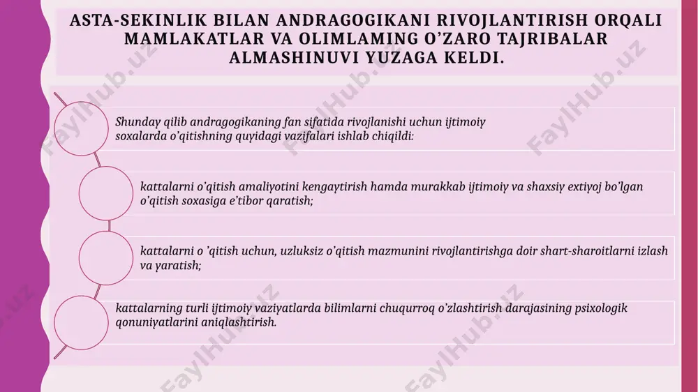 rmaydi" - deb o’ylaysiz. bu eng ajoyib fikr. agar bu fikr to’g’ri bo’lganda, biz gazetada o’qigan "yulduzlar janjali"ni ham, kechagi to’yda kim qanday kiyim kiyganini ham, tug’ilgan kunda nima eganimizni ham eslab qolmagan bo’lardik. qaytaga mashg’ulotni qanday o ’tkazishni, nimadan boshlab, auditoriya diqqatini qanday jalb qilishingizni, dam olish uchun qanday qiziqarli voqeani aytib berishingizni, ular turib, qaerda ozgina yurishlari mumkinligini, o’z fikrlari bilan o’rtoqlashish imkoni beradi. image1.jpeg image2.jpeg image3.jpeg image4.jpeg image5.jpeg image6.jpeg image7.jpeg image8.jpeg /docprops/thumbnail.jpeg