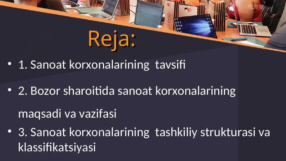 i ishlab chiqarishning o’sish sur’ati -102,7 % iste’mol tovarlarning jami sanoat ishlab chiqarish hajmidagi ulushi - 38,9 % sanoatda kichik biznesning ulushi – 39,6 % sanoatning yalpi ichki mahsulotdagi ulushi – 26,7 %(2018- yil boshi nisbatan) this presentation uses a free template provided by fppt.com www.free-power-point-templates.com this presentation uses a free template provided by fppt.com www.free-power-point-templates.com sanoat, qishloq xo‘jaligi va transportning hududiy joylashuviga bir qator omillar ta’sir etadi. shulardan eng muhimi fan-texnika kashfiyotlaridir: energiya va xomashyoning yangi turlari, yangi texnologik jarayonlar, yangi transport vositalaridan foydalanish orqasidan ishlab chiqarishni joylashtirish tamoyillari ham takomillashadi. this presentation uses a free template provided by fppt.com www.free-power-point-templates.com korxonalar xomashyo, yoqilg‘i, energetika, suv va hatto ishchi kuchi (inson omili)dan foydalanishi bo‘yicha ko‘p xomashyo, ko‘p energiya talab, ko‘p suv va ko‘p mehnattalab sifatlarda guruhlanadi. ularning har biriga xos tayanch korxona doirasida o‘nlab mayda korxonalar ishlab chiqarish bo‘yicha aloqador bo‘ladi. buni ishlab chiqarishning kombinat shakli deyiladi. this presentation …