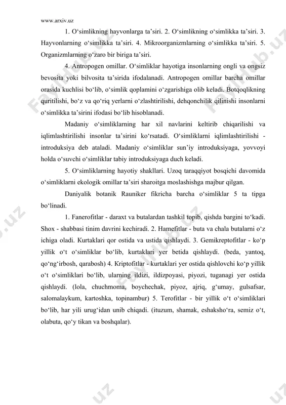 lik o‘t o‘simliklari bo‘lib, har yili urug‘idan unib chiqadi. (ituzum, shamak, eshaksho‘ra, semiz o‘t, olabuta, qo‘y tikan va boshqalar). adabiyotlar: 1. burigin. v. a. jongurazov. f. x. botanika “o‘qituvchi” t.: 1977. 2. кursanov. v. a. кamarniskiy n. a va bosh.- botanika “o‘qituvchi” 1977. i ii tom. 3. hamdamov i, shukrullayev p va boshqalar- botanika asoslari “mehnat” t.: 1990. 4. soxabiddinov. s. “o‘simliklar sistematikasi” i ii bob. “o‘qituvchi” t.: 1976. 5. hamidov “o‘simliklar geografiyasi” “o‘qituvchi” t.: 1984. 6. belolipov. i. v. sheraliyev. a. axadova. m. a. “o‘rta osiyo o‘simliklari morfologiyasi” sop, tipo, t.: 1991. 7. holdarov. x. xojimatov. к. x.“o‘zbekiston o‘simliklari”, “o‘qituvchi” t.: 1992. 8. www.ziyonet.uz