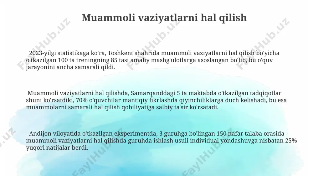 assislar uchun 6 oylik kasbiy rivojlantirish dasturini taklif qilib, ularning 80% ishga joylashish imkoniyatiga ega bo'lishini ta'minlaydi. hamkorlik va jamoaviy ish “hamkorlik va jamoaviy ish” fanidan 5-sinf o‘quvchilari uchun 2023-yilgi o‘quv dasturida 3 ta asosiy modul mavjud bo‘lib, ular jamoa ichidagi muloqot, muammolarni hal qilish va samarqanddagi tarixiy obidalarni o‘rganish loyihalarini o‘z ichiga oladi. toshkent shahridagi 15 ta maktabda o‘tkazilgan tadqiqotlar shuni ko‘rsatdiki, "hamkorlik va jamoaviy ish" fanini o‘rganish o‘quvchilarning muloqot ko‘nikmalarini 30% ga, muammo hal qilish qobiliyatini esa 25% ga oshirgan. jamoaviy loyihalarni bajarishda, 7 kishilik guruhlarda har bir ishtirokchi o‘ziga 2-3 ta vazifani taqsimlab oladi va ularni 10 kun ichida yakunlaydi, shu bilan birga loyiha natijalarini taqdimot shaklida namoyish etadi. texnologiyalarni qo'llash samarqanddagi 50 ta maktabda 2023-yilda 3d printerlardan foydalanib, o'quvchilar 3d modellashtirish va dizayn texnologiyalarini o'rganish imkoniyatiga ega bo'lishdi, bu esa ularning amaliy ko'nikmalarini rivojlantirishga yordam beradi. toshkent shahridagi it parkida o'tkazilgan tadqiqotlar shuni ko'rsatdiki, 80% dan …