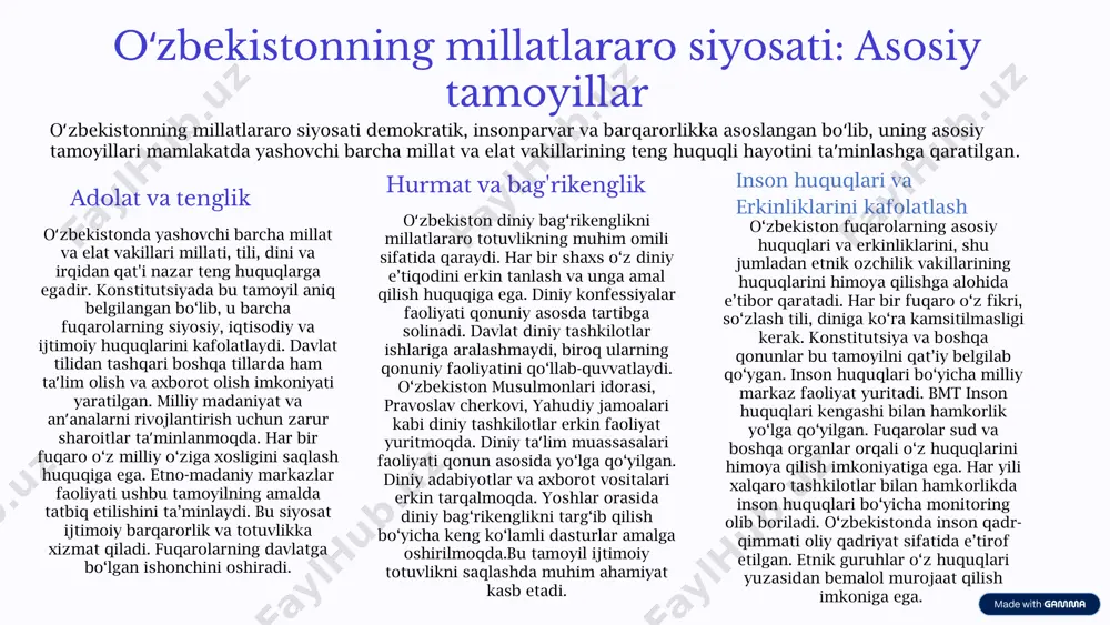 hun imzolangan 30% tolérance ko'rsatkichlari ijtimoiy barqarorlik darajasidagi o‘sish 5 madaniy meros loyihalari yunesko bilan amalga oshirilgan 20% ozchiliklar qo‘llab-quvvatlashi yexht dasturlari orqali oshdi 10 xulosa: millatlararo munosabatlarni takomillashtirish istiqbollari hamkorlikni davom ettirish xalqaro tashkilotlar bilan mustahkam aloqalar rivojlantiriladi. millatlararo muloqotni kengaytirish tolérance va bag'rikenglikni yanada targʻib qilish. yangi loyihalar madaniy meros va ozchiliklarni himoya qilishga yo‘naltirilgan. 11 foydalanilgan adabiyotlar ro’yhati. 1.sh.m.mirziyoyevning 2019-yil 15-noyabdagi ’’millatlararo munosabatlar sohasidagi o’zbekiston respublikasi davlat siyosati konsepsiyasi tog’risida’’gi farmoni. 2.“milliy g’ya va millatlararo munosabatlar” o’quv qollanma ,toshkent,o’zmu,2021y. 3.a.r.samadov. “milliy g’ya va millatlararo munosabatlar” o’quv qollanma, samarqand :samdu nashri,2019 4.https://lex.uz/uz/docs/-4597662?ondate=21.03.2025%2000 image1.png image2.png image3.png image4.png image5.png image6.png image7.png image8.png image9.png image10.png image11.png image12.png image13.png image14.png image15.png image16.png image17.png