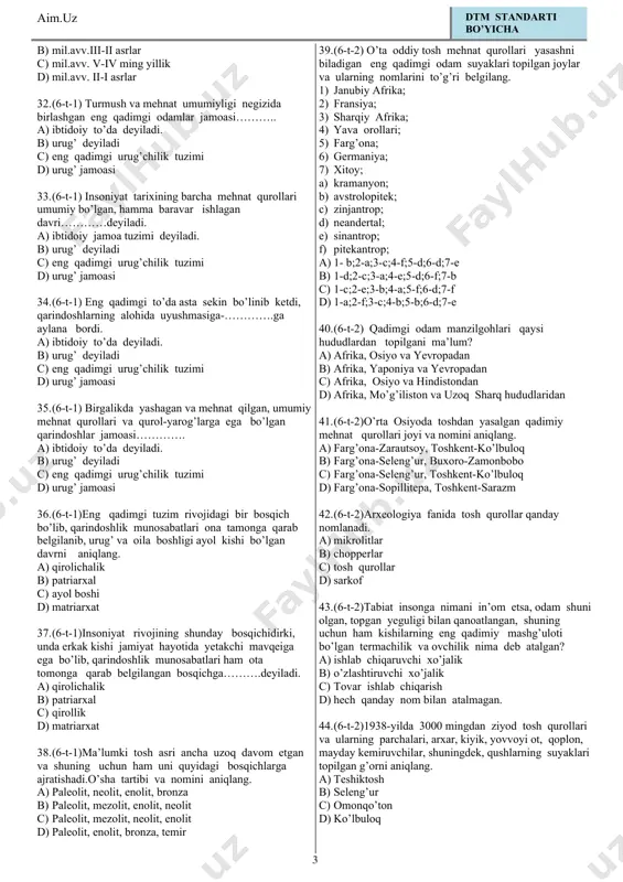 fors, elam va bobil c) fors shohi doro i, fors, elam va bobil d) fors shohi kir ii, fors, elam va finikiya 18. (6-t-1)behustun qoya yozuvlarida yurtimizga doir qanday ma’lumotlar sanab o’tilganlini belgilang. a) xorazm, choch, baqtriya viloyatlari bilan saklar b) xorazm, so’g’diyona, baqtriya bilan massagetlat c) xorazm, ustrushona, baqtriya bilan massagetlar d) xorazm, so’g’diyona, baqtriya davlatlari 19. (6-t-1) o’lkamizning qadimgi aholisi to’g’risida batafsil ma’lumotni qaysi ma’lumotdan olamiz. a) geradot “tarix” b) ksenafont va ktesiy asarlari c) strabon “geografiya” d) sim szyang “tarixiy yilnoma” 20. (6-t-1) yurtimiz tarixi haqida ayrim ma’lumotlar…….o’z aksini topgan. a) geradot “tarix” b) ksenafont va ktesiy asarlari c) strabon “geografiya” d) sim szyang “tarixiy yilnoma” 21. (6-t-1)geradotning tarix asari nechta kitobdan iborat va u qachon yashab o’tgan. a) 9 ta, vasr b) 8 ta, v asr c) 9 ta, vi asr d) 7 ta, v asr 22. (6-t-1) strabonning yashab o’tgan davrini aniqlang. a) mil.avv. i …