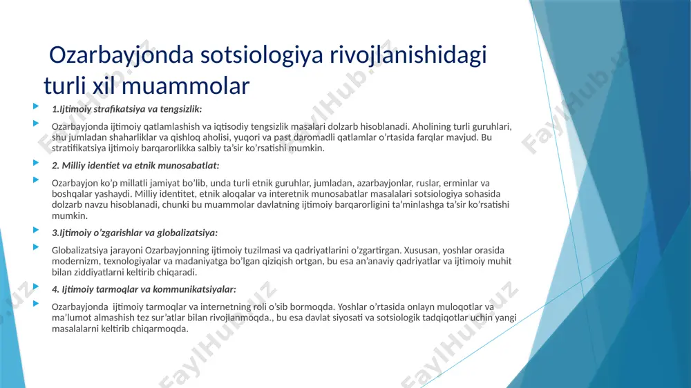 an hamkorlikda amalga oshiriladi. ozarbayjonda sotsiologiya vakillari ozarbayjon sotsiologiyasining rivojlanishi va bugungi kundagi holati bir qator taniqli olimlar va sotsiologlarning ilmiy faoliyati bialn chambarchas bog’liqdir. ushbu olimlar jamiyatning turli ijtimoiy, siyosiy, iqtisodiy va madaniy jihatlarini o’rganib, ozarbayjonda sotsiologiyaning o’ziga xos xususiyatlarini va zamonaviy muammolarni yoritishda katta hissa qo’shganlar. sotsiologiya sohasidagi vakillardan bir nechtasini keltirib o’tamiz. ular: ismayilbek jafarov, teymur abdullayev, rashid abduyev, oktay asadov, seyfulla akhundov, zamin sadiqov, araz huseynov, rauf mamedov, farid shafiyev, mahmud huseynov, nazim mammadov, aygun iskandarova, elvin guliyev, guney zeynalova, kamil hasanov va boshqa ko’plab olimlar ozarbayjon jamiyatining ijtimoiy tuzilmalari, siyosiy tizimi, iqtisodiy islohotlar, milliy identitet va gender masalalarini ishlab chiqdilar. ularning ilmiy ishlari nafaqat ozarbayjon, balki butun markaziy osiyo va xalqaro miqyosida ham e’tirof etiilgan! 1. ismayilbek jafarov ismayilbek jafarov (1896–1984) — ozarbayjon sotsiologiyasining ilk pioniqlaridan biri sifatida tanilgan. u sotsiologiyaning asosiy tamoyillari va ijtimoiy tuzilmalarning rivojlanishi bo'yicha dastlabki tadqiqotlarni amalga oshirdi. uning asarlari ozarbayjon …