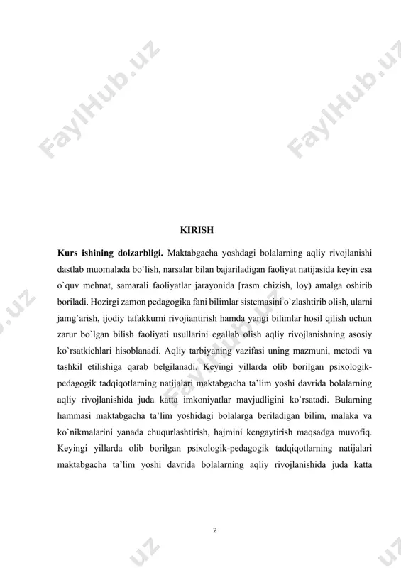 asi maktabgacha ta’lim yoshidagi bolalarga beriladigan bilim, malaka va ko`nikmalarini yanada chuqurlashtirish, hajmini kengaytirish maqsadga muvofiq. keyingi yillarda olib borilgan psixologik-pedagogik tadqiqotlarning natijalari maktabgacha ta’lim yoshi davrida bolalarning aqliy rivojlanishida juda katta imkoniyatlar mavjudligini ko`rsatadi. bularning hammasi maktabgacha ta’lim yoshidagi bolalarga beriladigan bilim, malaka va ko`nikmalarini yanada chuqurlashtirish, hajmini kengaytirish maqsadga muvofiq. maktabgacha ta’im yoshining oxiriga kelib bolalar tevarak atrof to`g`risida kattagina hajmdagi eng oddiy bilim va tushunchalarga ega bo`lib qoladilar, asosiy fikrlash jarayonini egallab oladilar, narsa va buyumlardagi voqealardagi muhim va muhim bo`lmagan tomonlarini ajrata oladigan ba’zi bir sabab natijali bog`lanishlarni bilib oladigan bo`lib qoladilar. ularda o`quv faoliyatining dastlabki ko`rsatkichlari shakllanadi. shuning uchun bog`cha yoshidan boshlab rivojlantirib borish katta ahamiyatga ega. kurs ishining maqsadi: maktabgacha ta’lim tashkilotlarida tarbiya turlari va ularning shaxs kamolotiga ta’siri va ahamiyatini o’rganish. kurs ishining vazifasi: 1. o‘rganilayotgan mavzu mazmunini ochib beruvchi adabiyotlarni o‘rganish. 2. maktabgacha ta'lim tashkilotlari va ularda ta'lim-tarbiya jarayonlarini tashkil etish. 3. …