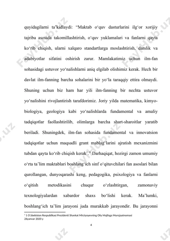 ifodadagi amallarni bajarish tartibiga rioya qilgan holda hisoblash koʻnikmasini shakllantirish; 3. oʻquvchilarni a+b, c-d, 6*a, d:4, c*d, a:b koʻrinishdagi harfiy ifodalarni oʻqish, yozish malakalarini shakllantirish va harflarning berilgan qiymatlarida ifoda qiymatini topishga oʻrgatish; 4. oʻquvchilarni x+4= 12, x-7= 5, 8-x= 4, x*4= 16, x:3= 15, 28:x= 4 koʻrinishdagi sodda tenglamalar bilan tanishtirish va bu tenglamalarni tanlash, soʻngra amal komponentlari va natijasi orasidagi bogʻlanishlarga asoslanib yechish malakasini shakllantirish. ikki amalli murakkab tenglamalarniyechishni hamda masalalarni tenglama tuzib yechishni oʻrgatish. oʻqituvchi algebraik materiallarni oʻquvchilarga tushuntirar ekan, arifmetik material bilan algebraic materiallarni oʻqitishdagi uzviy bogʻliqlikni amalda qoʻllay olishi maqsadga muvofiq koʻrsatmali vositalarni qoʻllay olishi, maqsadga muvofiq didaktik oʻyinlardan foydalanishi, oʻquvchi bilimini sinashning turli shakl va metodlarini amalda qoʻllashi, algebra elementlarini qamrab oluvchi yozma mustaqil ish oʻquv topshiriqlarini tanlay olishi zarur. oʻquvchilarni sonli ifodalar bilan tanishtirishda metodikada 4 bosqich koʻzda tutiladi. i bosqich. i sinfning boshidayoq, qoʻshish va ayirish amallari ma’nosini oʻzlashtirish bosqichida bolalar bunday …
