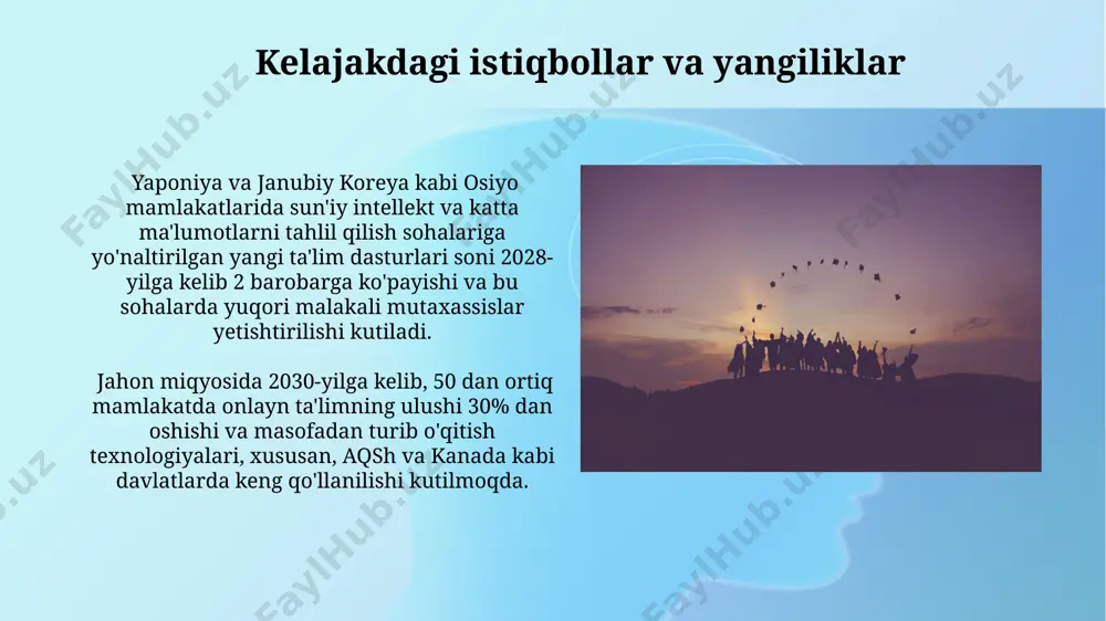 taniyaning 3 yillik bakalavr dasturlariga o'xshaydi, ammo o'quv rejasi jihatidan farq qiladi. yaponiyaning ta'lim tizimi, 9 yillik majburiy ta'lim bilan, yuqori raqobatbardosh kirish imtihonlari orqali tanlangan universitetlarga ega bo'lib, hindistondagi ko'plab xususiy universitetlarga qarama-qarshi keladi. e'tiboringiz uchun rahmat @taqdimot_robot image2.jpg image3.jpg image4.jpg image5.jpg image6.jpg image7.jpg image8.jpg image9.jpg image10.jpg image1.png