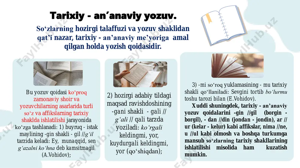 2. asos va qo'shimchalar imlosi (33-37-bandlar). 3.qo'shib yozish (38 - 50-bandlar). 4. chiziqcha bilan yozish (5 1 - 56-bandlar). 5. ajratib yozish (57 - 65-bandlar). 6. bosh harflar imlosi (66 - 74-bandlar). 7. koʻchirish qoidalari (75 - 82-bandlar). 1. a’lo, ra’no kabi soʻzlarda unlidan keyin kelib, kelib, uning choʻziqroq talaffuz qilinishini talab etadi. 2. san'at, in’om singari soʻzlarda tutuq belgisi qo'yiladi va unlining undoshdan ajratib talaffuz etilishini harf birikmasidan farqlash uchun ishlatiladi. 3. is’hoq, as’hob kabi soʻzlarda «s» va «h» undoshlarini «sh» harf birikmasidan ajratishga xizmat qiladi. 4. san’at - sanat, sa’va - sava, qal’a - qala, she’r - sher, ta’na - tana, a’yon - ayon, ma’tal - matal, ta’qib - taqib, da’vo – davo kabi so'zlarda so'z ma'nosini farqlaydi. 5. moʻtadil, moʻjiza, moʻtabar kabi soʻzlardagi tutuq belgisi yozuvda tushirib qoldiriladi. tutuq belgisining vazifalari 1. a unlisi bilan tugagan fe'llarga -v, -q -qi qo'shimchalar qo'shilganda a unlisi o aytiladi va …