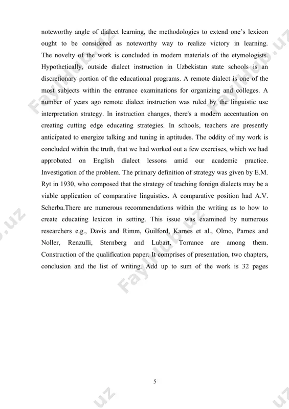 ed by the linguistic use interpretation strategy. in instruction changes, there's a modern accentuation on creating cutting edge educating strategies. in schools, teachers are presently anticipated to energize talking and tuning in aptitudes. the oddity of my work is concluded within the truth, that we had worked out a few exercises, which we had approbated on english dialect lessons amid our academic practice. investigation of the problem. the primary definition of strategy was given by e.m. ryt in 1930, who composed that the strategy of teaching foreign dialects may be a viable application of comparative linguistics. a comparative position had a.v. scherba.there are numerous recommendations within the writing as to how to create educating lexicon in setting. this issue was examined by numerous researchers e.g., davis and rimm, guilford, karnes et al., olmo, parnes and noller, renzulli, sternberg and lubart, torrance are among them. construction of the qualification paper. it …