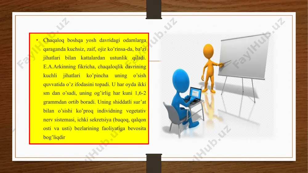 ‘ilishigacha bo‘lgan yo‘lni bosib o‘tishga tayyor holga keladi bu ona qornida rivojlanishning yangi embrional davri odatda murtak hosil bo‘lgandan keyin uchinchi haftadan boshlanib, sakqizinchi haftaning oxirigacha davom etadi. bu vaqt davomida tana tuzilishi va ichki organlar rivojlanadi. homila bosqichi oxirgi va eng uzoq davom etadigan bosqich bo‘lib, to‘qqizinchi haftasidan boshlab, tug‘ruq bilan tugallanadi. bu vaqtda homilaning tana o‘lchamlari kattalashadi va organizm tizimlari faoliyat yurita boshlaydi. 4 oylikdan homilaning og‘irligi 113,4 grammdan 226,8 grammgacha etadi. oxirgi 5 oyda homilaning og‘irligi 1984,5 grammdan 2268 grammgacha o‘lchamlari kattalashib borishini ko‘rish mumkin. bola psixikasi taraqqiyotining mana shu ko‘rsatilgan davrlari umuman qabul qilingan bo‘lsa ham, bu davrlarni abso­lyut davr deb hisoblash mumkin emas. yosh davrlariga ajratishda qat’iy chegara yo‘q. u hech kim yil fasllarining almashinuv oyi va soatini ko‘rsata olmaganidek, odam hayotining davrlari o‘rtasidagi chegarani ham aniq ajratish mumkin emas. shuning uchun yuqoridagi davrlarga ajratishni absolyut deb bo‘lmaydi. xulosa xulosa qilib shuni qo‘zg‘ovchilar ta’sirida asta-sekin …