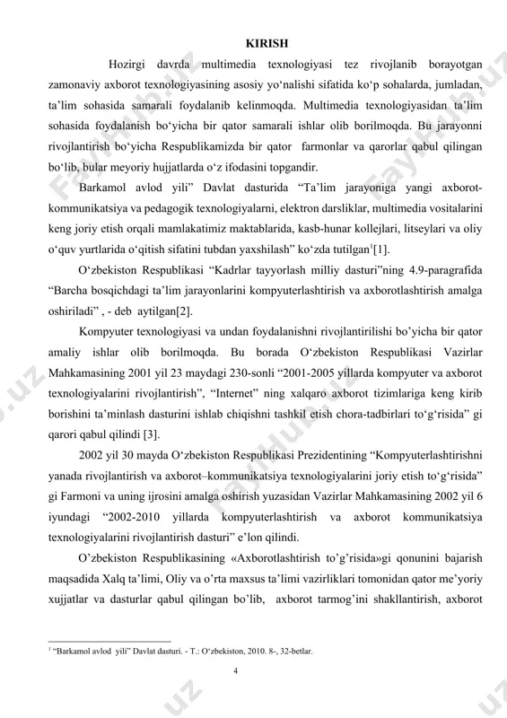 malakaviy ishining obyekti: 8-sinf darsligidagi “elektron jadvalning vazifalari va imkoniyatlari” mavzusini mul'timedia asosida o`qitish jarayoni. bitiruv malakaviy ishining maqsadi: darslikdagi “elektron jadvalning vazifalari va imkoniyatlari” mavzusiga oid multimedia vositalari tayyorlash va mavzuni multimedia asosida o‘qitish asosida ta’lim samaradorligini oshirish. bitiruv malakaviy ishining vazifasi: · o’quvchilarning kompyuter savodxonliklarini shakllantirish; · multimedia to’g’risida tushuncha berish; · elektron jadvaldan foydalanish sohalari to’g’risida ma’lumot berish; · elektron jadvalning vazifalari va imkoniyatlari mavzusiga oid multimedia vositalari tayyorlash; · elektron jadvalning vazifalari va imkoniyatlari mavzusini multimedia asosida o’qitish uslubiyotini ishlab chiqish. tadqiqotning ilmiy – uslubiy yangiliklari: · mavzu asosidagi materiallarga multimediyaviy ishlov berildi; · elektron jadvalning vazifalari va imkoniyatlari mavzusi asosida multimedia vositalari tayyorlandi; · ularning ta’limiy jihatlari yoritib berildi; · yangi yaratilgan multimedia vositalaridan foylalanih uslublari ishlab chiqildi. 5 bitiruv malakaviy ishining hajmi: bitiruv malakaviy ish kirish, 3 ta bob, xulosa va foydalanilgan adabiyotlar ro’yxatidan tashkil topgan. 6 i-bob. kompyuterning texnik va dasturiy taminot shaxsiy …