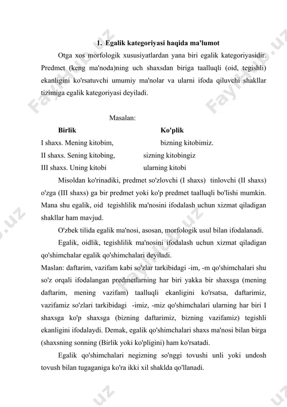 axs -si -i -si -i (bog'cha-si) (gul-i) (bog'cha-si) (gul-i) egalik qo'shimchasini olgan ot, odatda, qaratqich kelishigidagi boshqa ot, olmosh yoki otlashgan so'z bilan o'zaro bog'lanadi: daftarning varag'i, mening vazifam, yaxshining so'zi kabi. egalik qo'shimchasi otning gapdagi sintaktik vazifasini ko'rsatmaydi. 3. egalik qo'shimchasini olgan otlarda yuz beradigan fonetik o'zgarishlar egalik qo'shimcha ba'zi otlarga qo'shilganda quyidagi fonetik o'zgarishlar ro'y beradi. 1. k, q, undoshi bilan tugagan ko'p bo'g'inlik so'zlarga shuningdek, bek kabi ayrim bir bo'g'inlik so'zlarga egalik qo'shimachasi qo'shilganda, k undoshi g undoshiga, q undoshi, g' undoshiga aylanadi va shunday yoziladi: tilak-tilaging, yurak-yuraging, kubok-kubogi, bek -begi kabi. lekin ko'p bo'g'inli o'zlashma so'zlarga bir bo'g'inli ko'pchilik so'zlarga egalik qo'shimchasi qo'shilganda k, q, undoshi asliga aytiladi va yoziladi: ishtirok-ishtiroki, ocherk-ocherki, erk-erki, huquq-huquqi, ravnaq-ravnaqi, yuq-yuqi kabi. 2.o'rin, qorin, burun, o'g'il, bo'yin, ko'ngil, singil kabi otlarga egalik qo'shimchasi qo'shilganda, ikkinchi bo'g'indagi i, u unlilari aytilmaydi va yozilmaydi: o'rin-o'rnim, qorin-qornim, burun-burning, o'g'il-o'g'lim, ko'ngil-ko'ngli, singil-singlim kabi 3.parvo, obro', …