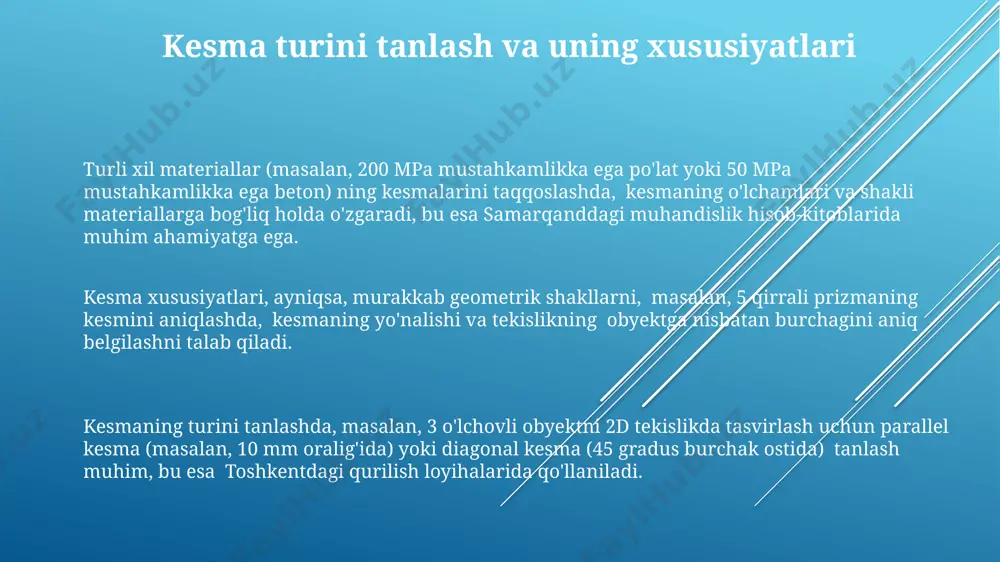 d kesmalarini aniqlashda, masalan, 3 o'lchovli kubni 45 daraja burchak ostida kesish natijasida hosil bo'lgan to'rtburchak shaklini aniqlash uchun koordinata tizimidan va trigonometrik funksiyalardan foydalaniladi. kesmalarni chizish va modellashtirish modellashtirish jarayonida 5 mm dan 20 mm gacha bo'lgan aniqlik bilan kesma tekisliklarini belgilash va kesma natijalarini tahlil qilish muhim ahamiyatga ega. bu toshkentdagi loyihalash firmalarida keng qo'llaniladi. kesmalarni chizishda 2d geometriya dasturlari, masalan, autocad yoki solidworks kabi dasturlar yordamida 3 o'lchovli modellarning 10 dan ortiq turdagi kesmalarini aniq tasvirlash mumkin. bu samarqanddagi texnik universitetlarda o'rgatiladigan muhim ko'nikma hisoblanadi. kesmalarni modellashtirishda turli xil materiallarga (po'lat, alyuminiy, yog'och) ega 3 ta murakkab geometrik shakllarning kesmalarini aniqlash uchun 20 dan ortiq algoritmlar mavjud. bu buxoroda ishlab chiqarishda qo'llaniladigan texnologiyalar hisoblanadi. koordinata tizimlaridan foydalanish koordinata tizimlari, ayniqsa, qutb koordinatalari (r, θ, z), aylanma simmetriyali jismlarning, masalan, radius 5 sm va balandligi 12 sm bo'lgan konusning, har xil burchak ostidagi kesmalarini aniqlashda ancha qulay hisoblanadi. …