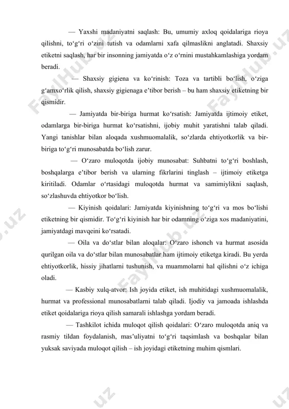 hatlarni ham oʻz ichiga oladi. oʻzaro hurmatni, xushmuomalalikni va ijtimoiy masʼuliyatni saqlash orqali shaxsiy etiketning rolini kuchaytirish mumkin. shaxsiy etiketning psixologik jihatlari odamlarning oʻzaro aloqalarida, oʻzini qanday tutishida va boshqalarga qanday taʼsir koʻrsatishida namoyon boʻladi. etiketni psixologik nuqtai nazardan tushunish, insonning oʻzini tutishidagi ichki mexanizmlar va tashqi muhitga qanday moslashishni anglatadi. bu esa quyidagi omillarni oʻz ichiga oladi: - emosional intellekt: emosional intellekt (eq) shaxsning oʻz hissiyotlarini va boshqalar hissiyotlarini aniqlash, boshqarish va ijtimoiy munosabatlarda samarali foydalanish qobiliyatidir. yaxshi emosional intellektga ega boʻlgan shaxslar boshqalar bilan muvaffaqiyatli muloqot qila olishadi, boshqalar hissiyotlarini tushunib, ularga toʻgʻri javob bera olishadi. bu shaxsiy etiketni rivojlantirishda juda muhimdir. - oʻzini tutish va oʻzgarishlar: shaxsiy etiketning psixologik jihatlari shuningdek, insonning oʻzini boshqarishiga, oʻzgarishlarga qanday moslashishiga bogʻliqdir. oʻzgarishlarga ochiq boʻlish, oʻz xulq-atvorini tahlil qilish va kerak boʻlsa uni ijobiy yoʻnalishda oʻzgartirish – bu etiketning rivojlanishiga yordam beradi. shaxsiy oʻzgarishlar va oʻzini tanish orqali inson oʻzining etiketini …