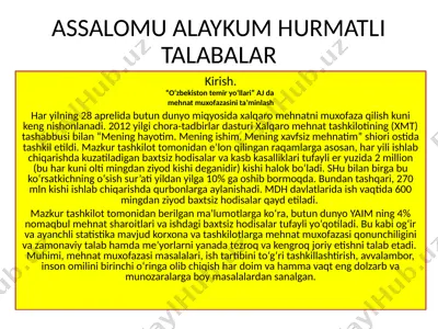 o‘zbekiston temir yo‘llari ajda mehnat muhofazasi — PPTX