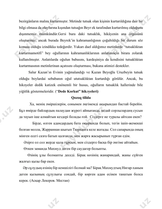 in tutsak olduğu boylardai sebabanın oğul ututsaklıktan kurtardığı görülür. ancak, bu hikәyeler dedik katizek enönemli bir husus, oğulların tutsaklık hallerinde bile yiğitlik göstermeleridir. (“dede korkut” hikәyeleri) qozoq tilida ха, менің әміршілерім, сонымен әңгімемді ақырындап бастай берейін. бұл ѳмірде байлардың палаудан жүрегі айнығанда, кедай сорлылардиӊ сусын да тауып іше алмайтын кездері болады ғой. сіздерге не туралы айтсам екен? бірде, өлген адамдардыӊ бата оқырында болып, тегін ішіп-жемекші болған молла, жарраннан шығып тюрханға келе жатады. сол сапарында оныӊ мінген есегі сазға батып қалғанда, мен жарға жасырынып түрған едім. әзірге ол сол жерде қала тұрсын, мен сіздерге басқа бір әнгіме айтайын. өткен заманда махмуд деген бір саудагер болыпты. өзініӊ ұлы болмапты деседі. бірақ көзініӊ жанариндай, жаны сүйген жалғыз қызы бар екен. әр сұлудыӊ өзініӊ бір кемшілігі болмай ма? бірақ махмудтыӊ нигар-ханым деген қызыныӊ сұлулығы сондай, бір көрген адам есінен танатын болса керек. (асқар лекеров. местан) *** *** осы жұрт ескендiрдi бiле ме екен? македония …