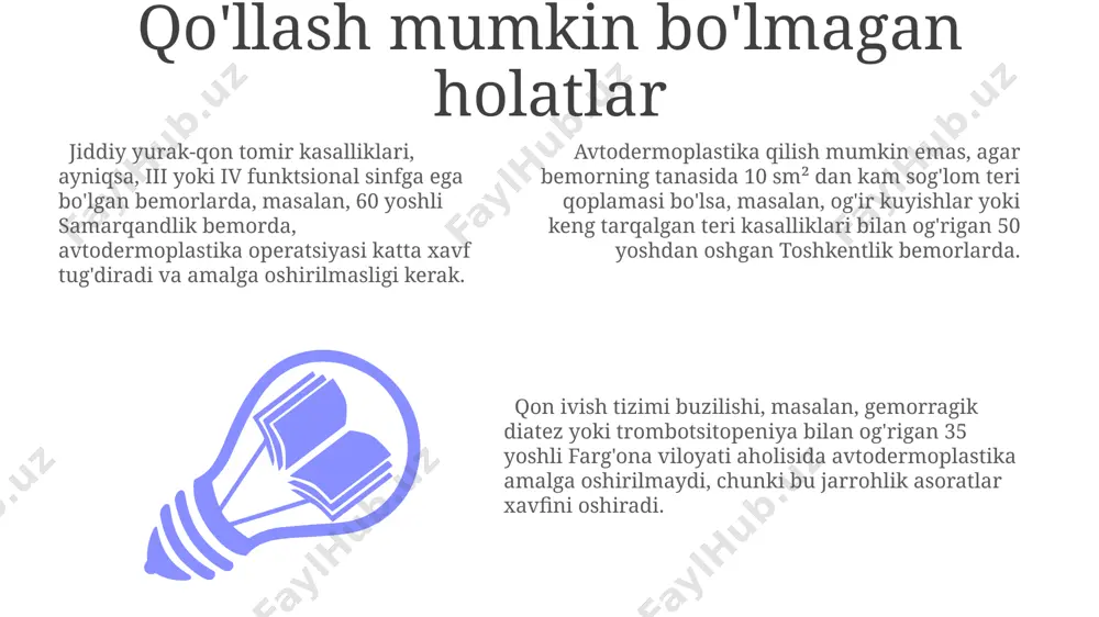 da lidokain yoki boshqa mahalliy anestetiklar yordamida amalga oshirilishi mumkin. o'zbekistondagi ko'plab klinikalarda, masalan, toshkent shahridagi respublika ilmiy-amaliy jarrohlik markazida, autodermoplastika uchun 2-3 soat davom etadigan umumiy behushlikdan foydalaniladi. autodermoplastika jarrohlik amaliyoti davomida mahalliy, regional yoki umumiy behushlikning 3 turi qo'llanilishi mumkin, tanlov bemorning yoshi, sog'lig'i va operatsiya hajmining murakkabligiga bog'liq. rejalashtirish va tayyorgarlik operatsiyadan oldin bemorga mahalliy yoki umumiy behushlik qo'llaniladi; jarrohlik maydoni samarqanddagi ixtisoslashgan klinikalarda 10-15 sm² hajmdagi terining olinadigan joyini belgilaydi. operatsiyadan keyingi davr 7-10 kun davom etadi va bemorning kuniga kamida 3 marta antiseptik eritmalar bilan bog'lamlarni almashtirishi, shuningdek, og'riq qoldiruvchi vositalarni qabul qilishni o'z ichiga oladi. avtodermoplastika uchun terini tayyorlash jarayoni 3-5 kun davom etadi va bemorning umumiy sog'lig'ini baholash, 20-30 ml suyuqlik infuziyasi va antiseptiklar bilan tozalashni o'z ichiga oladi. xarajatlar реабилитация даври учун зарур бўлган маблағлар, яъни физикавий терапия, махсус боғлашлар ва бошқа хизматлар, 100-250 ақш доллари миқдорида бўлиб, бу наманган шаҳридаги клиникаларда …