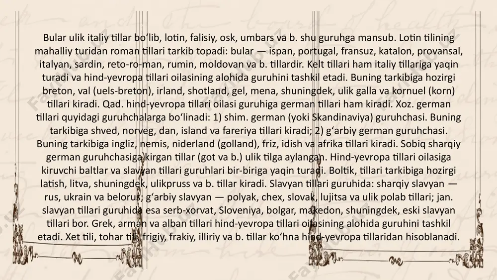 ari tillari orasida koysan tili (gottentot va baʼzi b. tillar) alohida oʻrinni tutadi. indeys tillari tugal tadqiq etilmagan, uzaro genetik aloqalari xususida aniq, ilmiy maʼlumotlar yoʻq. j. t.ning anchaginasi haqidagi maʼlumotlar bizgacha saqlanib qolgan qad. yozuv yodgorliklaridan maʼlum, koʻpgina tillar esa izsiz yoʻqolgan. jan,-sharqiy osiyo, afrika va amerika xalqlari tillarining tasnifi ishlab chiqilmagan. shuning uchun insoniyatning til tarixi hozirgi fanda uncha toʻliq yoritilgan emas. 01 tillar tirik tillar va oʻlik tillar ikkiga boʻlinadi. xalqlar hozir gaplashadigan tillar tirik til xisoblanadi, masalan: ukrain tili, ozarbayjon tili, rus tili va boshqalar. bizga yozma yodgorliklari yetib kelgan, ammo yer yuzida yashayotgan xalqlarning xar biri xozir muomalada ishlatmaydigan til oʻlik til deb yuritiladi, masalan: lotin tili, qadimgi xind tili yoki, sanskrit, qadimgi slavyan tili, qadimgi xorazmiy tili va boshqalar; lotin tili koʻp asrlar davomida tirik til boʻlgan: antik davr da rimliklar va rim imperiyasidagi koʻp xalqlar lotin tilida gaplashganlar. bu tilda ilmiy va publisistik …