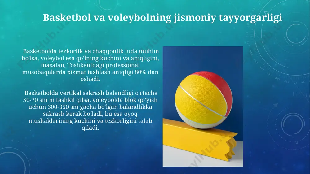 a dunyo bo'ylab mashhurlikka erishdi. 20-asrning o'rtalaridan boshlab, basketbol va voleybolning professional ligasi va xalqaro musobaqalari soni sezilarli darajada oshdi, masalan, nba va fivb kabi yirik tashkilotlar paydo bo'ldi. e'tiboringiz uchun rahmat @taqdimot_robot image3.png image4.jpg image5.jpg image6.jpg image7.jpg image8.jpg image9.jpg image10.jpg image11.jpg image12.jpg