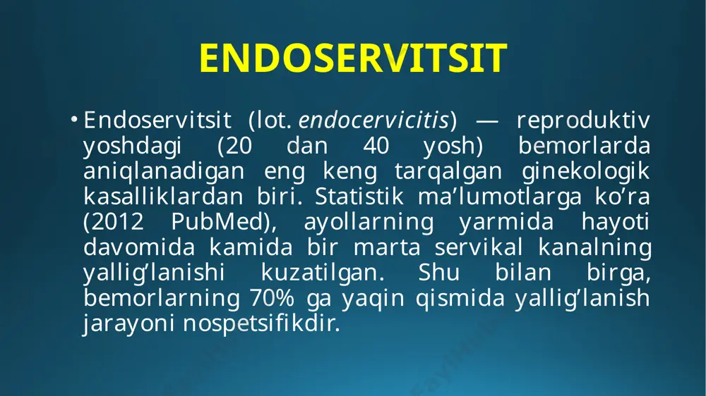 a xlamidiyalar tomonidan chaqirilgan spetsifik yallig’lanishda) jarayon bachadon, bachadon naylari va tuxumdonlarga tarqalishi va keyinchalik kichik tosda bitishmali protsess rivojlanishiga olib kelishi mumkin. natijada ba’zi bemorlarda reproduktiv funktsiya buziladi, bu homilador bo’lish qiyinlashuvi, homila tushishi ehtimolining ortishi, bachadondan tashqari homiladorlik, tug’ruq murakkabliklari va tug’ruqdan keyingi infektsiyalar bilan namoyon bo’ladi. surunkali endoservitsitda bachadon bo’yni saratoni yuzaga kelishi xavfi ortadi. tashxis endoservitsit klinik alomatlari nospetsifik ekan, tashxisni tasdiqlash uchun maxsus tadqiqotlar majmui tayinlanadi. odatda endoserviksning yallig’lanishli shikastlanishi shubha qilingan bemorlarga quyidagilar belgilanadi: ginekologik ko’rik (ko’zgular bilan). bachadon bo’yni kanalining tashqi ochilishida shish va giperemiyani, petexial qon quyilishlarini, ko’p ajralmalarni, og’irroq hollarda eroziyalangan yuzani aniqlaydi. kengaytirilgan kolposkopiya. bachadon bo’yni kanalidan tarqalgan kengaygan tomirlarini ko’rib, vizual tekshirish ma’lumotlariga aniqlik kiritish imkonini beradi. servikal surtmaning mikroskopiyasi. preparatda odatda ko’p (50 yoki undan ortiq) leykotsitlar mavjud bo’ladi va endoservitsit qo’zg’atuvchilari aniqlanishi mumkin. sitologik tekshiruv. to’qimalar tuzilmasini va hujayraviy shikastlanishi darajasini, davolash samaradorligini dinamikada baholash imkonini beradi. …
