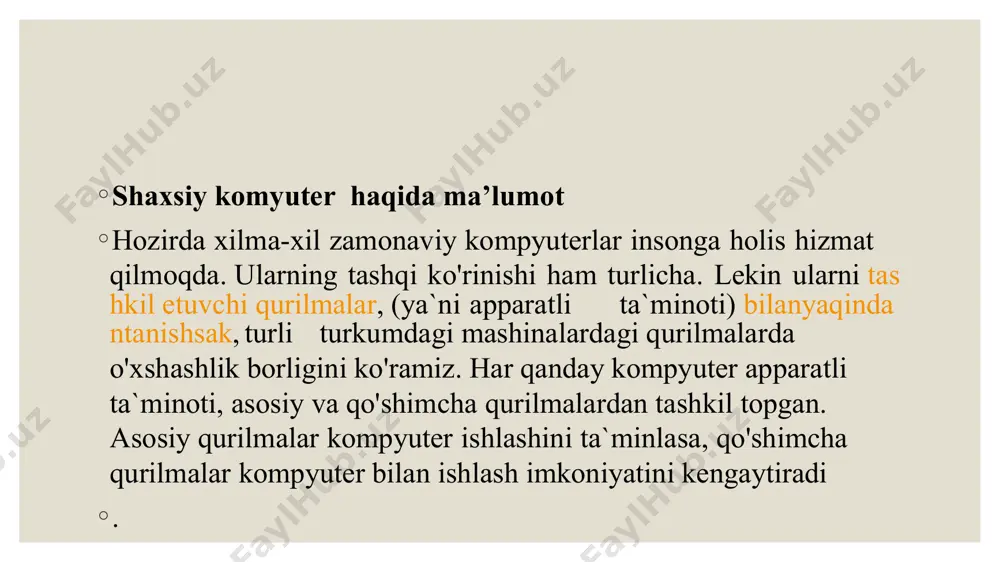 rchaklariga yoki devorga qaratib joylashtirish, derazadan tushgan yorug’lik ko'z uchun ortiqcha zo'riqish bo'lmasligiga yordam beradi. shuning uchun ham kompyuterni derazaga qaratib joylashtirmaslik darkor. agar bir xonada bir necha kompyuterlar joylashgan bo'lsa, elektromagnit nurlarning ta’sirini kamaytirish uchun bir manitor ekranidan ikkinchisining orqa devorigacha masofa 2 m dan kam bo'lmasligi kerak. shk va uning atrof qurilmalari bilan ishlashda xavfsizlik qoidalariga rioya qilish sanitar qoidalarga muvofiq shaxsiy kompyuterlar joylashgan xonada aralash yoritilganlik, ya’ni tabiiy va sun’iy bo’lishi kerak. tabiiy yoritilganlik iloji boricha shimolga va shimoliy sharqqa yo’naltirilgan bo’lishi, imkoni bo’lmasa, jadal quyosh nuri janubiy va g’arbiy derazalardan yaltillashlar yuzaga keltirmasligi va ishlashga xalaqit qilmasligi uchun derazalarni pardalar, jalyuzilar yoki tashqi to’sqichlar bilan ta’minlash kerak. ish joyi derazaga nisbatan yonlanmasiga joylashgan bo’lib, tabiiy yorug’lik chap tarafdan tushishi maqsadga muvofiq.kompyuterlar shunday joylashishi kerakki, yoniq ekran boshqa operatorning ko’rish maydoniga tushmasligi, ekranda tabiiy va suniy yoritilganlikning aksidan yaltillashlar bo’lmasligi kerak. ko'rish sharoitini baxolash uchun yaltillaganlik tushunchasi …