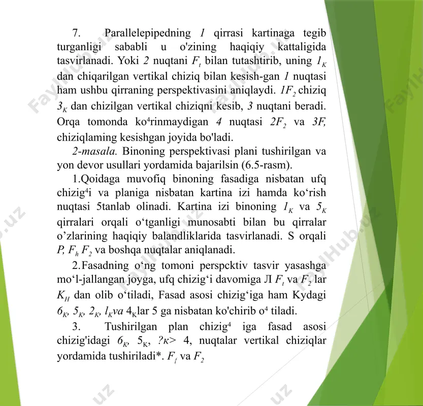 qtaning balandligi perspektivasini yasash uchun pastga tushirilgan plandagi perspektivasi a' nuqta t'h ga gorizontal yo'nalishda proyeksiyalanadi va unda a2 nuqta belgilanadi. a2 dan vertikal chiziq chiqarib, uni a7, f3 bilan kesishgan a3 nuqtasi topiladi. a3 nuqtadan a]a2 ga parallel o'tkazib, uni a7dan chiqarilgan vertikal chiziq bilan kesishgan nuqtasi, ya’ni a nuqtaning perspektivasi aniqlanadi. qolgan c,5 kabi nuqtalarning balandlikdagi perspektivalari ham shu tartibda yasaladi. 1г qirra kartinaga tegib turganligi uchun uining balandligi perspektivasi o'zining haqiqiy kattaligiga teng bo'ladi. 15 4-shakl 16 e’tiboringiz uchun rahmat image1.jpeg image2.jpeg image3.jpeg image4.jpeg