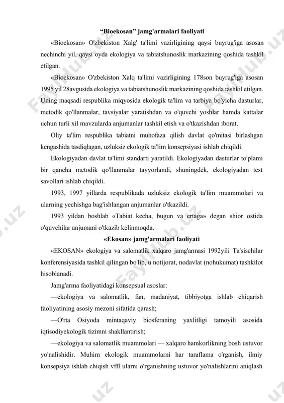hidir. muhim ekologik muammolarni har taraflama o'rganish, ilmiy konsepsiya ishlab chiqish vffl ularni o'rganishning ustuvor yo'nalishlarini aniqlash maqsadida davlat va nodavlat idoralari, xalqaro tashkilotlar, olimlar hamda mutaxassislarning kuchlarini birlashtirishga ko'maklashish; —o'rta osiyoda ilmiy asoslangan ekologik siyosatning shakllannishida ishtirok etish; —ekologik yovnalishdagi jamoatchilik fikrlarini tashkil qilishda faol ishtirok etish;. —ekologik tafakkur va madaniyatni tarbiyalash. faoliyat yo’nalishlari; atrofmuhitni muhofaza qilish masalalari, sogiom turmush tarzi, ekologiya, sanitariyagigiyena bilimlari va kasallikning oldini olishni targ'ib qilish; —ekologik ta'limtarbiya va aholini atrofmuhit holati haqida xabardor qilish; —ekologik halokat mintaqasida yashovchi aholiga tibbiy maslahatlar berish, davolash, kasallikning oldini olish borasida insonparvarlik yordamlari ko'rsatish; —ekologiya va aholi salomatligini saqlashning dolzarb muammolari bo'yicha xalqaro anjumanlar, uchrashuvlar, seminarlar, simpoziumlar o'tkazish; —ekologik inqirozga uchragan mintaqalardagi ijtimoiyekologik holatni o'rganish va uni yaxshilash bo'yicha hamkorlik choralarini ko'rish maqsadida xalqaro missiya tashkil qilish; —gumanitar hamkorlik masalalari bo'yicha xalg'aro tashkilotlar, moliya institutlari, xorijiy kompaniyalar bilan aloqa o'rnatish. —tabiatni muhofaza qilish faoliyati va biznesni ekologiyalashtirishda boshqarishning …
