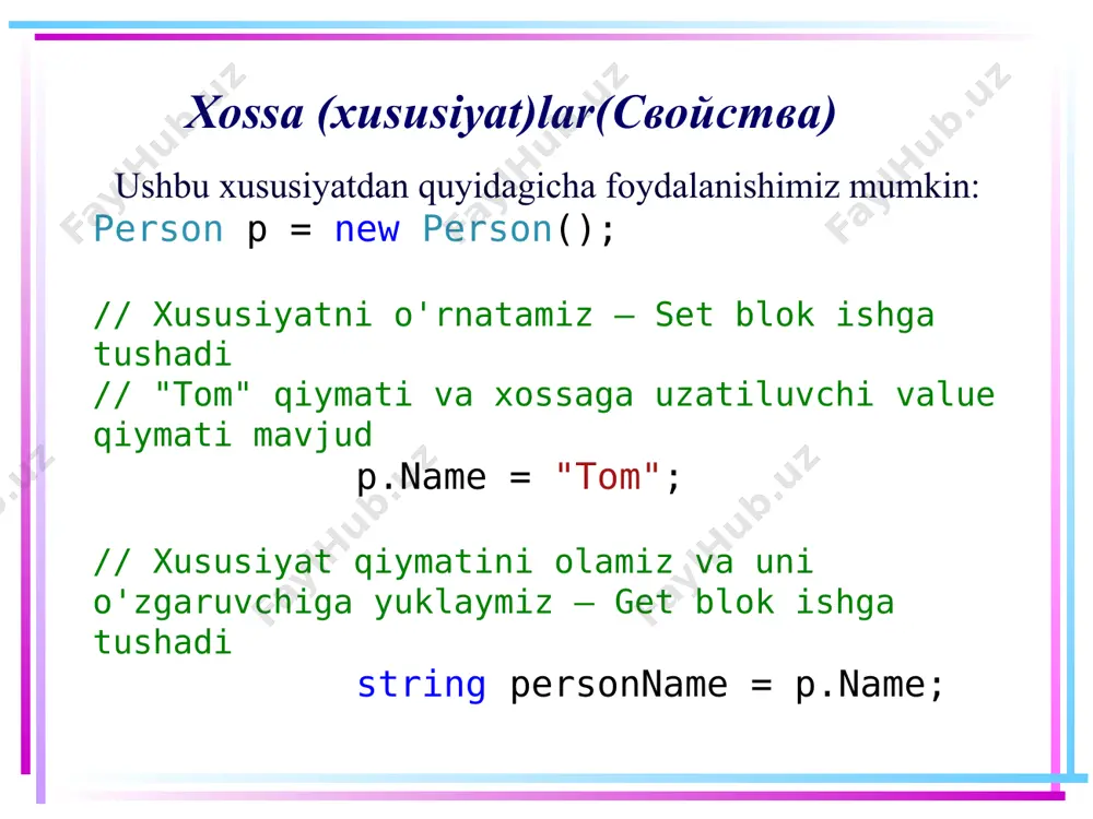 namunasiga nisbatan qo’llaniladi. biroq, indeksatorlar virtual va abstrakt bo'lishi mumkin hamda voris sinflarda qayta aniqlanishi mumkin. 28 indeksatorlar. get va set bloklari xususiyatlarda bo'lgani kabi, indeksatorlar, zarurat bo'lmasa, get yoki set bloklardan bittasini olib tahlash mumkin. masalan, set blokni olib tashlaymiz va indeksatorni faqat o'qish imkoniyatiga ega qilamiz: class matrix { private int[,] numbers = new int[,] { { 1, 2, 4 }, { 2, 3, 6 }, { 3, 4, 8 } }; public int this[int i, int j] { get { return numbers[i, j]; } } } 29 indeksatorlar. get va set bloklari shuningdek, kirish modifikatorlari yordamida get va set bloklariga kirishni cheklashimiz mumkin. masalan, set blokni private qilib yarataylik: class matrix { private int[,] numbers = new int[,] { { 1, 2, 4 }, { 2, 3, 6 }, { 3, 4, 8 } }; public int this[int i, int j] { get { return numbers[i, j]; …