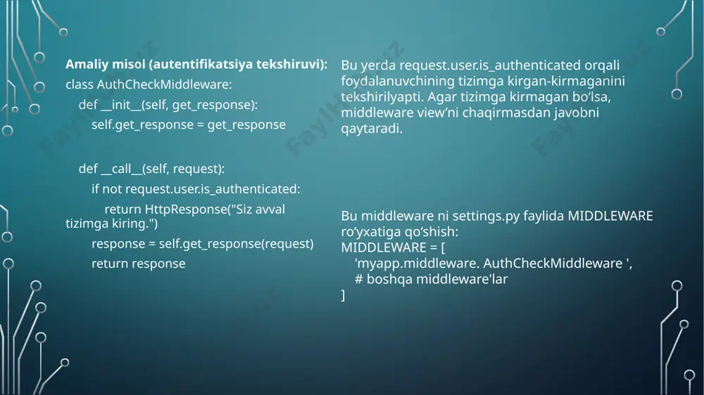 miy kodni modullashtirish # userloggingmixin - foydalanuvchi faoliyatini loglash uchun mixin class userloggingmixin: # foydalanuvchi faoliyatini loglash uchun metod def log_user_activity(self, request): print(f"foydalanuvchi {request.user} {request.path} manziliga so'rov yubordi.") # customloggingview - foydalanuvchi faoliyatini loglash bilan birga javob qaytaradi class customloggingview(userloggingmixin, view): def get(self, request): # mixin’dan log_user_activity metodini chaqirish self.log_user_activity(request) return httpresponse("logging muvaffaqiyatli amalga oshirildi!") izoh: bu yerda `userloggingmixin` sinfi foydalanuvchi faoliyatini loglashni amalga oshiradi. `customloggingview` esa bu mixin**dan foydalanadi va foydalanuvchi faoliyatini loglab, javob qaytaradi. urls.py from django.urls import path from .views import customloggingview # urlga so‘rov kelganda customloggingview sinfi chaqiriladi urlpatterns = [ path('custom-logging/', customloggingview.as_view(), name='custom_logging'), ] izoh: `customloggingview` sinfi `userloggingmixin` yordamida foydalanuvchi faoliyatini loglaydi va get so‘rovi yuborilganda javob qaytaradi. 4. custom controller sinflarining afzalliklari - kodning qayta ishlatilishi: bir nechta view’lar bir xil kodni ishlatishi mumkin. mixin**lar yordamida umumiy kodni bir joyda to‘plab, qayta ishlatish mumkin. - moslashtirish imkoniyati: `dispatch()` metodini qayta yozish orqali qo‘shimcha funksiyalarni …