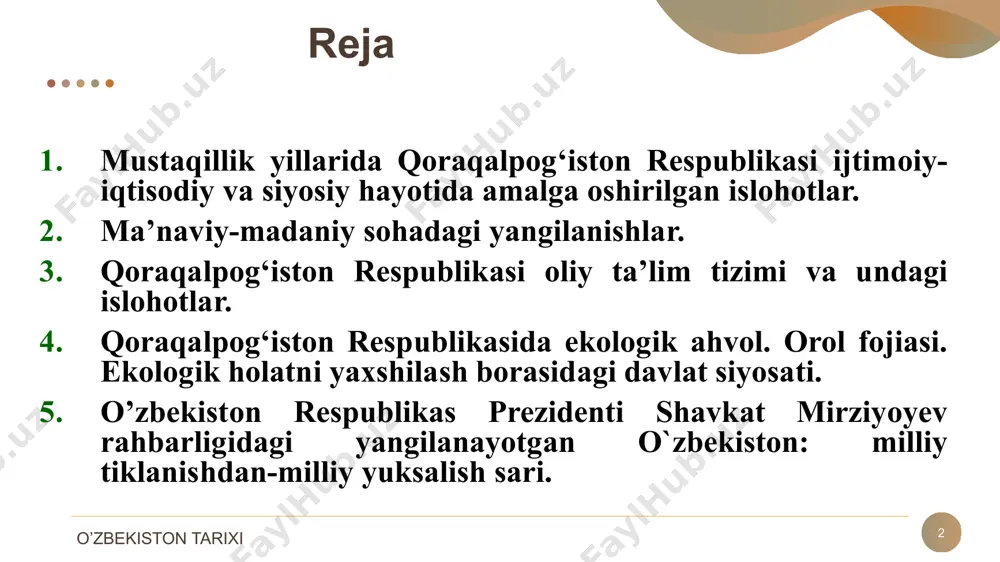irishi qoraqalpoq va o‘zbek xalqlari o‘rtasidagi qadimiy do‘stlikni, hudud, til va madaniyatdagi mushtaraklikni yanada mustahkamladi. qoraqolpog’iston respublikasi o’zbekiston tarixi davlat ramzlari qoraqalpog’iston respublikasi oliy kengashi o’zining xii sessiyasida (1993-yil 9-aprelda) qoraqalpog’iston respublikasi konstitutsiyasini qabul qildi qoraqalpog`iston respublikasi davlat bayrog`i qoraqalpog‘iston respublikasi oliy majlisining 1992-yil 14-dekabrda bo‘lib o‘tgan xi sessiyasida qabul qilingan qoraqalpog`iston respublikasi davlat gerbi 1993-yil 9-aprelda bo‘lib o’tgan xii sessiyasida qabul qilingan qoraqalpog`iston respublikasi davlat madhiyasi 1993-yil 4-dekabrda bo‘lib o’tgan xiv sessiyasida qabul qilingan. davlat ramzlari 6 qoraqalpog`iston respublikasi konstitutsiyasining ahamiyati quyidagilarda o`z aksini topgan: o`zbekiston respublikasi konstitutsiyasining 71-moddasida, qoraqalpog`iston respublikasining o`z konstitutsiyasiga ega bo`lishligi, uning o`zbekiston respublikasi konstitutsiyasiga zid bo`lmasligi ko`rsatilgan. - qoraqalpog`iston respublikasi o`zbekiston respublikasi tarkibiga kirishi hamda ular o`rtasidagi o`zaro do`stona munosabatlarning huquqiy asosi; - qoraqalpog`iston respublikasi o`z davlat ramzlariga ega ekanligini belgilaydi; - suveren hamda mustaqil davlat ekanligining kafili; - davlat va ma'muriy hududiy tuzilish masalalarini mustaqil hal qilishi; 7 parlament- qoraqalpog’iston respublikasi jo’qorg’i kengesi …