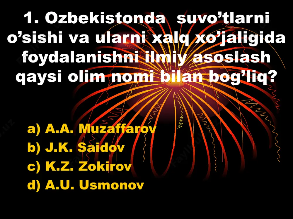suvo’tiga xos belgilar keltirilgan? “ko’p hujayrali, chuchuk suvda yashaydi, xromatofori spiral shaklda, rizoidi yo’q” a) xara b) ulotriks c) xlomidamonada d) spirogira 16. rizoidli suvo’tlar guruhini ko’rsating. 1. ulotriks 2.spirogira 3.kladofora 4.xara 5.laminariya 6.xlorella a) 1.2.6 b) 2.4.6 c) 1.3.4 d) 2.5.6 17. ba’zi bir dengiz suvo’tlarining 1kg kukunidan qancha miqdorda toza yod olish mumkin? a) 1-2 gr b) 3-5 gr c) 5-10 gr d) 5-20 gr 18. dengiz suvo’tlari berilgan qatorni aniqlang. 1. laminariya 2.xara 3.nemalion 4. kladofora 5.spirogira 6.ulva a) 1.2.3 b) 2.3.4 c) 1.3.6 d) 2.4.5 20. xlomidomonada qanday birikmaga boy bo’lgan suvlarda uchraydi? a) azotli, iflos suvlarda b) kaliyli, iflos suvlarda c) fosforli, iflos suvlarda d) fosforli, toza suvlarda 21. suvo’tlar nima bilan oziqlanadi? a) fotosintez mahsulotlari bilan b) suvdagi organik moddalar bilan c) suvdagi mineral tuzlar bilan d) saprofit yo’li bilan 22. tallom qanday o’simliklarga xos? a) bir hujayrali suvo’tlarga b) ko’p hujayrali suvo’tlarga c) …
