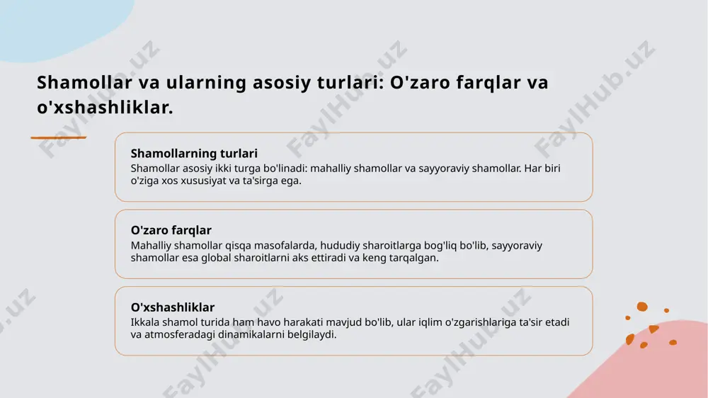 mmolarni keltirib chiqarishi mumkin, masalan, chang toshqinlari va tuproqning erishi. sayyoraviy shamollar: turlari va atmosferadagi o'rni. sayyoraviy shamollar turlari sayyoraviy shamollar ikkita asosiy turga bo'linadi: tropik shamollar va qutb shamollari. har biri o'ziga xos iqlim sharoitlarini yaratadi. atmosferadagi o'rni sayyoraviy shamollar atmosferaning harakatini ta'minlaydi, issiqlik va namlikni tarqatadi, global iqlim tizimlariga ta'sir ko'rsatadi. iqlimga ta'siri ular iqlim o'zgarishlariga sabab bo'lishi mumkin, masalan, tropik shamollar kuchli to'fonlar va yomg'irlar keltirib chiqarishi bilan mashhurdir. sayyoraviy shamollarning iqlim o'zgarishiga ta'siri. 1 sayyoraviy shamollar sayyoraviy shamollar, atmosferadagi keng miqyosli havo harakatlaridir. ular global iqlim tizimida muhim rol o'ynaydi va iqlim o'zgarishlariga ta'sir qiladi. 2 iqlim o'zgarishi sayyoraviy shamollar iqlim o'zgarishlarini kuchaytiradi. ular issiq va sovuq havo massalarini olib kelish orqali iqlim sharoitlarini o'zgartiradi. 3 atmosferadagi dinamikalar sayyoraviy shamollar, atmosferadagi bosim farqlari natijasida paydo bo'ladi. bu dinamikalar, global harorat va yog'ingarchilikni belgilaydi. 4 o'zbekiston misoli o'zbekiston iqlimida sayyoraviy shamollar muhim ahamiyatga ega. ular iqlim sharoitlariga …
