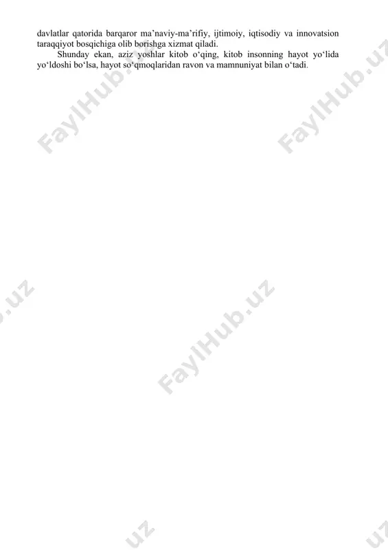 o‘qishdan maqsad bu – uning mazmunini anglab yetish, unga singdirilgan ma’no-mazmunni qalban tuyish va bu orqali ma’nan ozuqaga ega bo‘lishdir. kitob mutoalasi insonda ma’naviy bo‘shliq paydo bo‘lishiga zinhor va zinhor yo‘l qo‘ymaydi, shunday ekan kitobni mutolaa qiluvchi har qanday inson yuksak ma’naviyatli shaxs bo‘lib yetishishi mumkin. davlatimiz rahbarining kitob ishlab chiqarish va kitobxonlik madaniyatini yanada yaxshilash masalasiga kuyunchaklik bilan yondashayotganida ham teran ma’no, ezgu maqsad mujassam. chunki kitob nafaqat bilim manbai, balki tafakkur qayrog‘i, aql chirog‘i, ko‘ngil tabibi, ruhiyat ozig‘idir. bugun shiddat ila rivojlanayotgan zamon bilan hamnafas bo‘laman, degan har bir davlat xizmatchisi, jumladan, ta’lim tizimi xodimlari ham doimo o‘z ustida ishlashi, bilim va ko‘nikmalarini tinimsiz oshirishi zarur. buning uchun esa kun tartibida kitob mutolaasiga ham vaqt ajratishi, kundalik davriy nashrlarni, internet tarmog‘idagi yangiliklarni kuzatib borishi lozim. haqiqatan ham, kitob o‘qigan inson qaysi sohada ishlamasin, teran fikrlash, oq-u qorani ajratish, murakkab vaziyatlarda oqilona qaror qabul qilish ko‘nikmasiga ega bo‘ladi. bir …