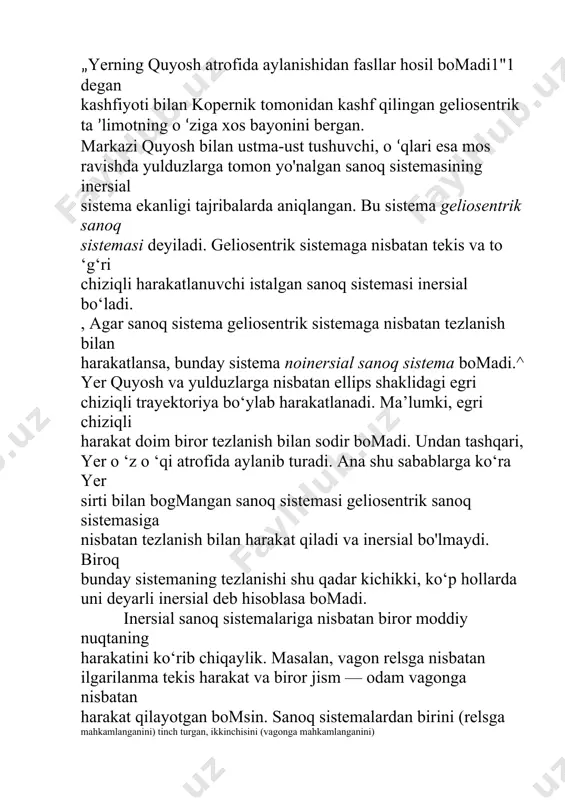 di va harakatlanayotgan sanoq sistemasi (vagon)ning tinch turgan sanoq sistemasi (rels)ga nisbatan harakati ко ‘chirma harakat deyiladi. tinch turgan к sanoq sistemasida a jismning koordinatalarini x ,y , z d eb , h a ra k a tla n u v c h i k' sanoq sistem a sid a uning koordinatalarini x ' ,y ' , z ' deb belgilaymiz (16- e rasm). ikkala sanoq sistemasida o ‘lchangan vaqt o'zaro tengligini, ya’ni t= /'ekanligini tajribalar ko‘rsatadi. mulohazalamisoddalashtirish uchun faraz qilaylik, t= t ' = 0 da ikkala sanoq sistemasi (k va fc) o ‘qlari ustma-ust tushsin. shuningdek, к sanoq sistemasi tinch turgan к sanoq sistemasiga nisbatan v0 tezlik bilan to ‘g‘ri chiziqli tekis (u0 = const) harakat qilsin (16- e rasmga q.) к va к sanoq sistemalarida harakatlanayotgan jismning koordinatalari orasidagi bog'lanish quyidagi ko'rinishda boiadi: x = x0 + x \ y = y',z = z\ x=vnt + x\ …