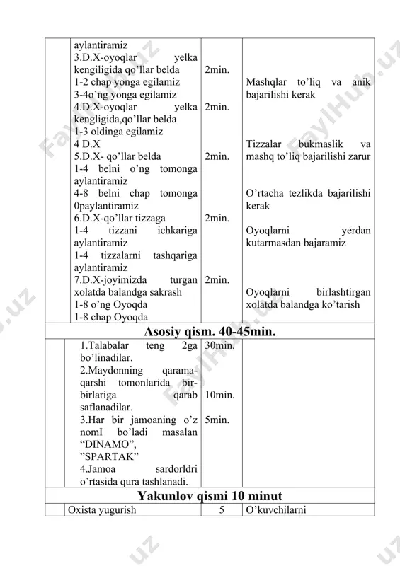 oldinga aylantiramiz 3.d.x-oyoqlar yelka kengiligida qo’llar belda 1-2 chap yonga egilamiz 3-4o’ng yonga egilamiz 4.d.x-oyoqlar yelka kengligida,qo’llar belda 1-3 oldinga egilamiz 4 d.x 5.d.x- qo’llar belda 1-4 belni o’ng tomonga aylantiramiz 4-8 belni chap tomonga aylantiramiz 6.d.x-qo’llar tizzaga 1-4 tizzani ichkariga aylantiramiz 1-4 tizzalarni tashqariga aylantiramiz 7.d.x-joyimizda turgan xolatda balandga sakrash 1-8 o’ng oyoqda 1-8 chap oyoqda 3min. 5min 2min. 2min. 2min. 2min. 2min. 2min. 2min. 2min. 2min. xxxxxxxxxxxxxxxx o o’nga,chapga,orqaga burilishlar oyoq uchida yengil yugurish boshni o’rtacha tezlikda aylantiramiz tizzalarni bukmasdan o’rtacha tezlikda aylantiramiz mashqlar to’liq va anik bajarilishi kerak tizzalar bukmaslik va mashq to’liq bajarilishi zarur o’rtacha tezlikda bajarilishi kerak oyoqlarni yerdan kutarmasdan bajaramiz oyoqlarni birlashtirgan xolatda balandga ko’tarish asosiy qism. 40-45min. 1.maydon o’rtasidan chiziq o’tkaziladi. 2.parallel qilib maydonning qarama-qarshi tomonlariga devordan 1-1.5 metr masofa oldinda chiziqlar tortilib “asirlar”uchun joylar ajratiladi. 3.o’yin o’tkaziladigan joy chiziq bilan chegaralangan bo’lishi kerak. 30min. 10min. 5min. yakunlov qismi 10 minut oxista yugurish …