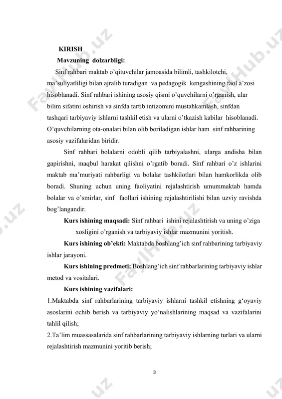 respublikasi «ta'lim to‘g‘risida»gi qonuni, «kadrlar tayyorlash milliy dasturi», prezident farmonlari, xukumat qarorlari, xalq ta'limi vazirligi tomonidan ishlab chiqilgan tegishli me'yoriy xujjatlari talablari va ushbu nizom asosida tashkil etiladi. sinf rahbari maktabning tarbiyaviy tizimidagi tayanch pedagoglaridan biri bo‘lib, o‘ziga biriktirilgan sinf o‘quvchilarining amalda belgilangan ta'lim va tarbiya olishlarini tashkil etadi. sinf o‘quvchilarining ma'naviy va ma'rifiy tarbiyasini tashkil etishda o‘qituvchilar, bolalar yetakchisi, psixolog, ota-onalar, shuningdek, maktab rahbariyati orqali voyaga yetmaganlar ishlari bo‘yicha komissiyalar, mahalla, huquq-tartibot idoralari, homiylik va vasiylik komissiyalari, tegishli davlat va nodavlat tashkilotlari, ijodiy uyushmalar bilan hamkorlikda ish tashkil etadi. sinf rahbari maktabda va keng jamoatchilik orasida sinf o‘quvchilarining (ota-onalari bilan birgalikda) tarbiyalanganlik darajasiga javobgar shaxs hisoblanadi. uning maqsadi har tomonlama yetuk, barkamol-ma'naviy, aqliy, jismoniy rivojlangan shaxs tarbiyasini amalga oshirish, sinf o‘quvchilarining qobiliyatlarini to‘liq namoyon etishlari uchun yetarli pedagogik sharoit yaratishdir. bu borada maktab pedagogik va o‘quvchilar jamoasi hamkorligida tarbiyaviy ishlarni tashkil etishda har bir o‘quvchining o‘ziga xos xususiyatlariga qarab …