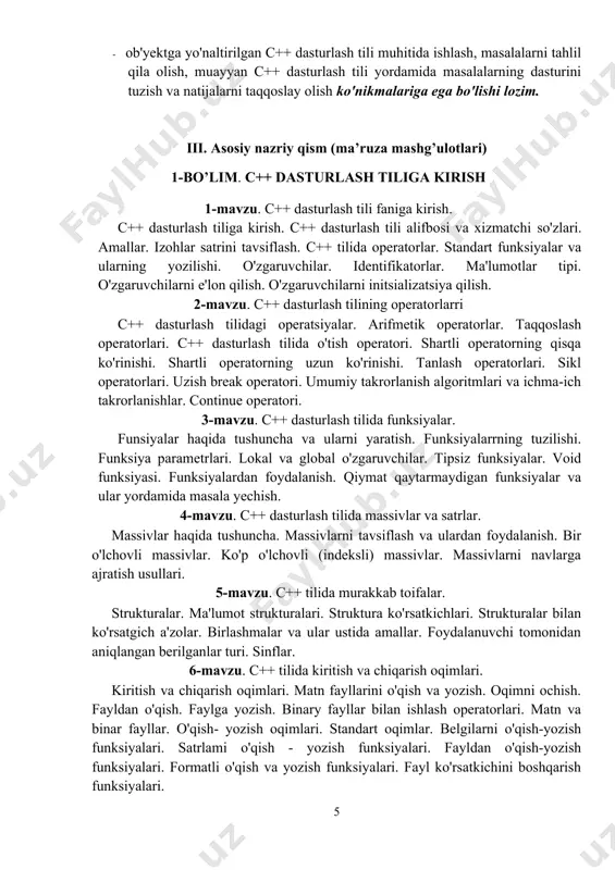 ko'rsatkichlari. strukturalar bilan ko'rsatgich a'zolar. birlashmalar va ular ustida amallar. foydalanuvchi tomonidan aniqlangan berilganlar turi. sinflar. 6-mavzu. с++ tilida fayllar bilan ishlash. matn fayllarini o'qish va yozish. oqimni ochish. fayldan o'qish. faylga yozish. binary fayllar bilan ishlash operatorlari. matn va binar fayllar. o'qish- yozish oqimlari. standart oqimlar. belgilarni o'qish-yozish funksiyalari. satrlami o'qish - yozish funksiyalari. fayldan o'qish-yozish funksiyalari. formatli o'qish va yozish funksiyalari. fayl ko'rsatkichini boshqarish funksiyalari. 7-mavzu. c++ tilida manipulyator va formatlash bayroqchalari. c++ tilida kiritish va chiqarishni formatlash. kiritish va chiqarish oqimi formatlash funksiyalari. kiritish va chiqarish oqimida formatlash bayroqchalari. 8-mavzu. c++ tilida istisno turlari va ularni qayta ishlash. c++ tilida istisnolar. istisno turlari. istisnolar sinfi ierarxiyasi. c++ da istisnoli holatlarni boshqarish. c++ da istisnolarni qayta ishlash. c++ da istisnolarni generatsiyalash. v. tajriba mashg‘ulotlari ushbu yo’nalish uchun o’quv rejada tajriba soatlari ko’rsatilmagan. vi. mustaqil ta’limning shakli va mazmuni talaba mustaqil ishni tayyorlashda fanning xususiyatlarini hisobga olgan holda quyidagi …