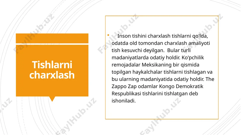 an tubi, burchagi, devori, qirralariga aniq ishlov berilmasa katta xatoga yo‘l qo‘yiladi. 3. qo‘shni tish emalining shikastlanishi ya’ni asosiy kovakka qo‘shim- cha maydon orqali kirilmaganda qo‘shni tish emali shikastlanadi. iv sinf. 1. qo‘shimcha maydon hosil qilinmagani uchun plomba tushib ketadi. 2. tish bo‘shlig‘ining teshilib qolishi va pulpaning shikastlanishi. v sinf. 1. tish bo‘shlig‘ini ochib yuborish va pulpaning shikastlanishi. 2. milkka qaragan devorga yaxshi shakl bermaslik. 3. milkning qonashining sababi sifatsiz qo‘yilgan plomba. 4. qoidasiz shakl berilgan kovak. e’tiboringiz uchun rahmat! image1.jpeg image2.jpeg image3.jpeg image4.jpeg image5.jpeg image6.jpeg image7.jpeg /docprops/thumbnail.jpeg