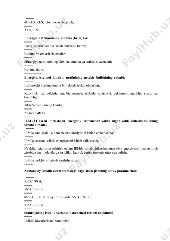 n va sodda bulishi; ==== yukori foydali ish koeffitsientiga ega bulishi; ==== #bug kozoni bilan murakkab suv xujaligining yukligi, yukori foydali ish koeffitsientili arzon va sodda texnologik sxemaga egaligi xamda bir ish xolatidan boshkasiga oson va tez uta olish xususiyatiga ega bulganligi; ==== kam xarajat talab kilinadi. ++++ issiklik dvigatellariga nimalar kiradi? ==== nasoslar; ==== bug turbinalar; ==== #kompressorlar; ==== ventilyator. ++++ h – s diagramma kanday xisoblashlar uchun kerak? ==== gidravlika jarayonlari; ==== issiklik jarayonlari; ==== #mexanik jarayonlar; ==== umumiy xolat kattaliklarini aniklash. ++++ kup pogonali turbinani xisoblash uchun kanday kattalik kerak? ==== bug bosimi va kozonxona; ==== kondensat xarorat, bug bosimi va xarorati; ==== #ne, p0, pk; ==== ne. ++++++ turbina kondensatori nima uchun kerak? ==== turbina ishni muvozanatlash uchun; ==== ishlatilgan bugni yigish va sovutish; ==== #ishlatilgan bugni sovutish; ==== bug bosimini rostlash. ++++ birinchi kategoriyasiga mansub truba kuvurlaridagi ishchi tana parametrlari: ==== t = 540 c, …