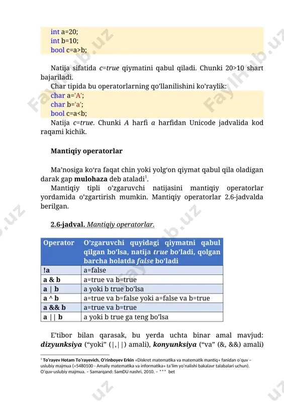 . 2.operator turlari: unar va binar. 3.kiritish-chiqarish funksiyalari va ularda satrlarni dastlabki formatlash qoidalari. oddiy arifmetik amallar oddiy arifmetik amallarga qo’shish, ayirish, ko’paytirish, bo’lish, qoldiqli bo’lish, butun bo’lish kabi amallar kiradi. ular odatda, ikki xil unar (faqat bitta operandga bog’liq) va binar (ikkita operandga bog’liq) amallar deb yuritiladi. bu amallar biz matematikada o’rganib qolgan ko’rinishdagi ifodalar bilan belgilanadi (2.4-jadval) unar minus amaliga misol: int a=1; int b=-a; natija: b=-1; 2.4-jadval. unar amallar ifodalanishi izoh +(unar) plyus -(unar) minus +(binar) qo’shish -(binar) ayirish * ko’paytirish / bo’lish % modulli bo’lish arifmetik amallarni bajarishda diqqat qiladigan jihatlar bor. agar ikkita butun sonni bo’lsak, natija ham butun qiymat bo’ladi. masalan: int a = 50; int b = 20; float c; c = a / b; natija c=2. demak, “/” amali butun bo’lishni amalga oshiradi. agar kodni quyidagicha almashtirsak, natija o’zgaradi: