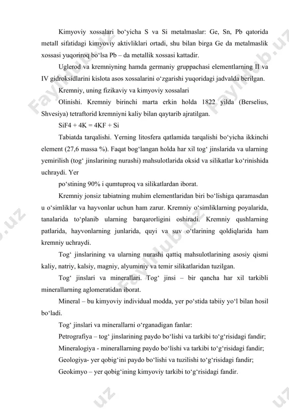 inadi: suglinok- loy tuproq tarkibida qum va temir (iii) oksidi kо‘p bо‘ladi. mergel- loy tuproqni ohak tosh bilan aralashmasi: kaolin – (chinni uchun loy tuproq) – maxsus loy tuproq va qum aralashmasi, kaolin asosiy tarkibiy qismi mineral kaolinit al(si2o5)(oh)4 yoki al2o3· 2sio2 ∙ 2h2o. slyudalar – tiniq, har xil rangli oqdan – qoragacha kristallar, osonlik bilan alohida qatlamlarga ajraladi, asosiy tarkibiy qism sifatida silikatli minerali bо‘lgan muskovit – kal2(al2si3o10)(oh)2, yoki biotit k(mgfe’’)3(alsi3o10)(oh)2 – elektroizolyasiyalovchi qoplamalar, issiqlikka chidamli shishalar (oyna) tayyorlashda ishlatiladi.avgitlar- muhim jins hosil qiluvchi mineralar (bozaltlar tarkibiga kiradi). tarkibi bо‘yicha bular camg(si2o6), cao · mgo · 2sio2 , kalsiy о‘rniga natriy, kaliy, marganes va boshqalar, magniy о‘rniga temir, alyuminiy, marganes bо‘lishlari mumkin. talk- 3mgo∙4sio2·n2o yumshoq, ishqalanganda yog‘simon mineral upa kо‘rinishida surkov moyi sifatida rezina materiallarini bir –biriga yopishib qolmasliklari uchun ishlatiladi, kosmetik vositalar tarkibiga kiradi, qog‘ozga va zaharli ximikatlar shimdiriladi. asbestlar – tarkibi 3mgo·4sio2· n2o tolasimon tuzilishli minerallar. laboratoriyada …