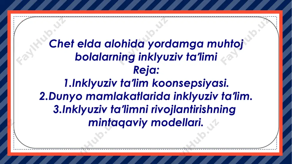 qliy jihatdan orqada qolgan shaxslarning huquqlari to'g'risidagi deklaratsiyasi" "nogironlar huquqlari to'g'risida"gi konvensiyasi, "ta'lim hamma uchun" reja-dasturi to'g'risidagi dakar deklaratsiyasi, "osiyo va okeaniya mamlakatlari nogironlar huquqlarini muhofaza qilish chora-tadbirlari dasturi", "nogironlar uchun teng imkoniyatlarni ta'minlash bo'yicha standart qoidalar", "bolalar huquqlari to'g'risida"gi konvensiya va boshqa xalqaro miqyosda qabul qilingan me'yoriy-huquqiy hujjatlarning asosiy maqsadi nogiron bolalarni himoyalashga qaratilgan bo'lib, bu xalqaro-huquqiy asoslar ta'lim jarayoniga inklyuziv yondashuvni samarali joriy etishni nazarda tutadi. enter title click here to add content of the text，and briefly explain your point of view. click here to add content of the text，and briefly explain your point of view. click here to add content of the text，and briefly explain your point of view. click here to add content of the text，and briefly explain your point of view. click here to add content of the text，and briefly explain your point of view. click here to add content of the text，and briefly explain …
